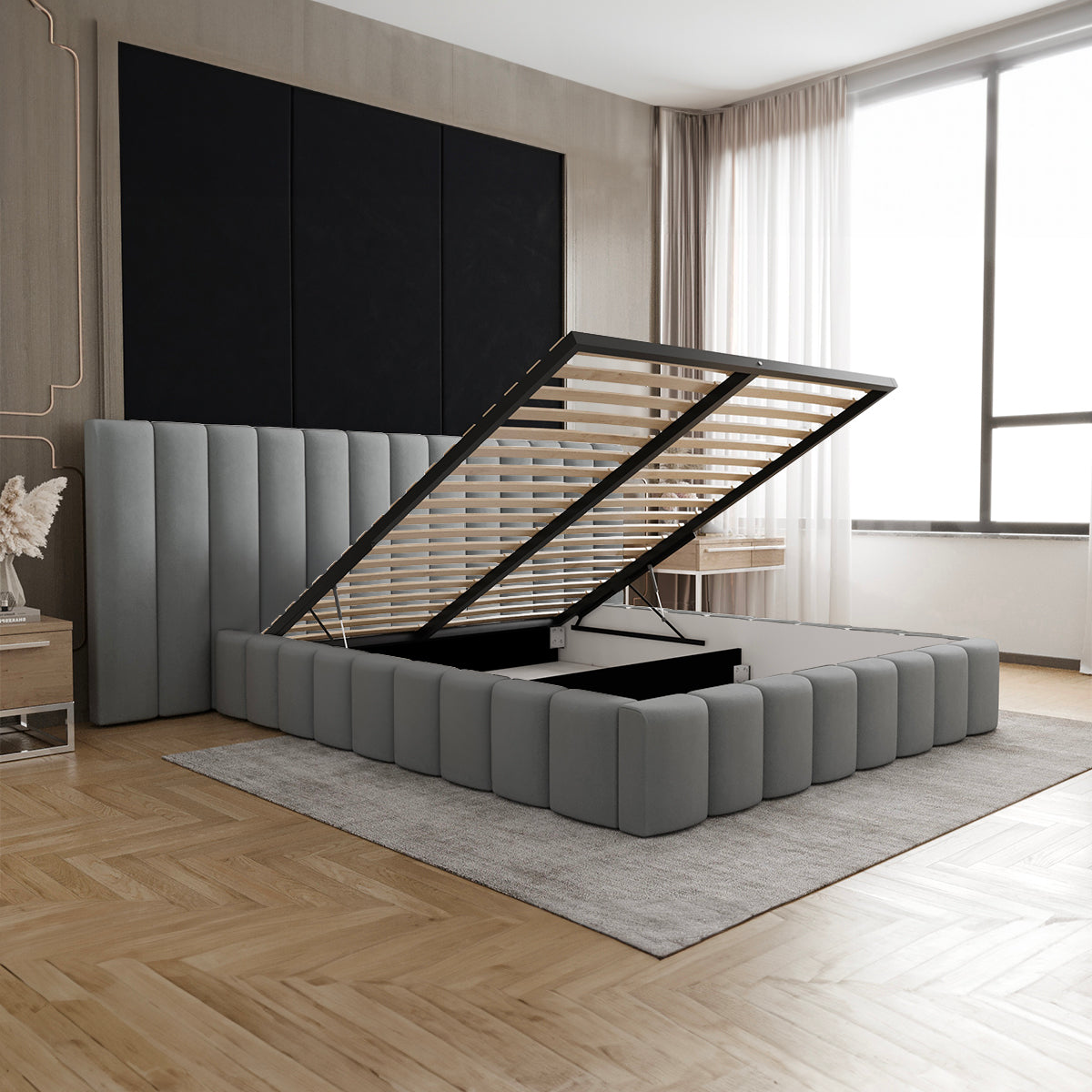 Lit coffre 160x200 sommier inclus Kira Gris - vue 3