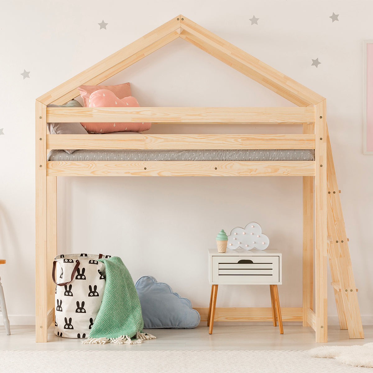 Lit cabane mi-hauteur 90x190 sommier inclus Alix Bois