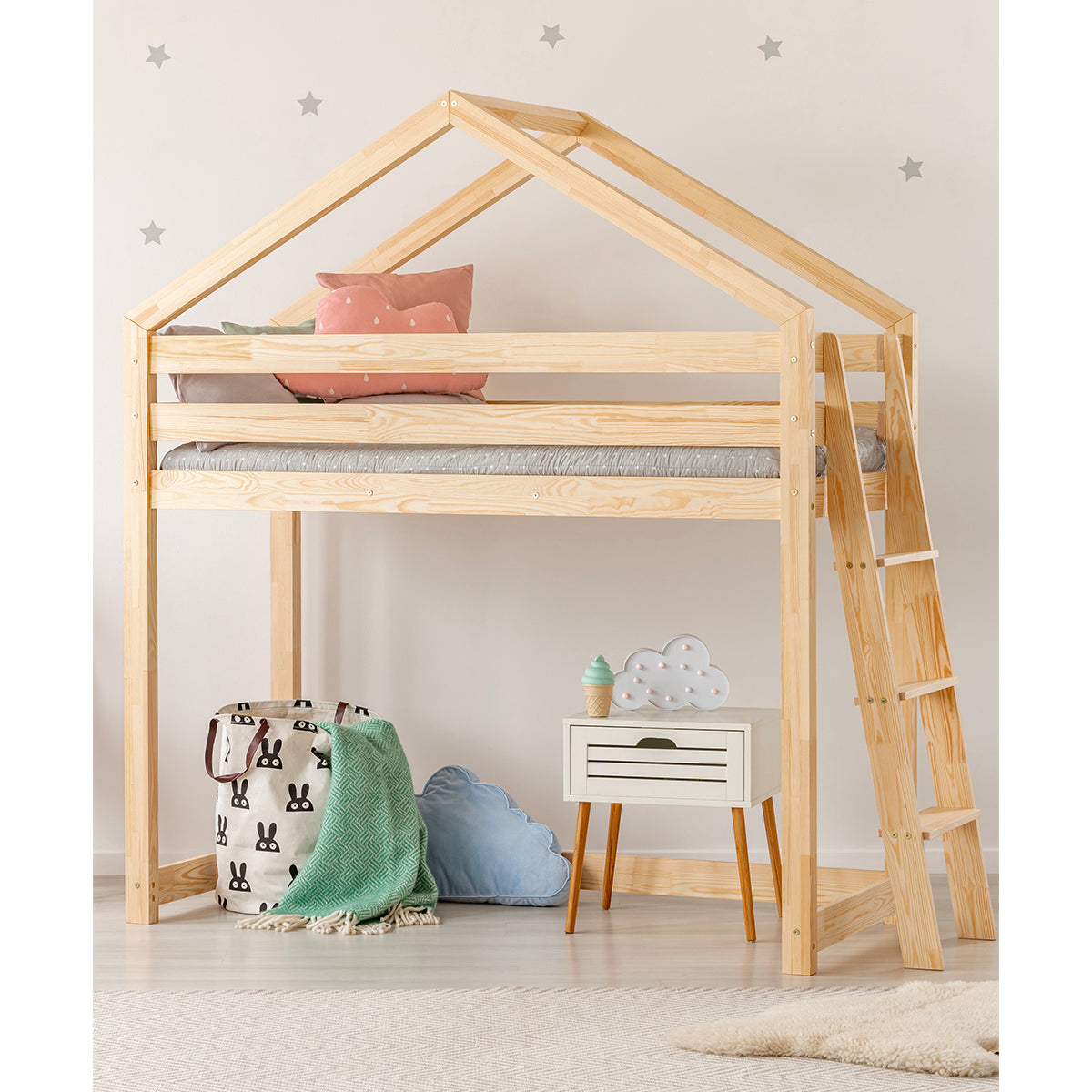 Lit cabane mi-hauteur 90x190 sommier inclus Alix Bois - vue 3
