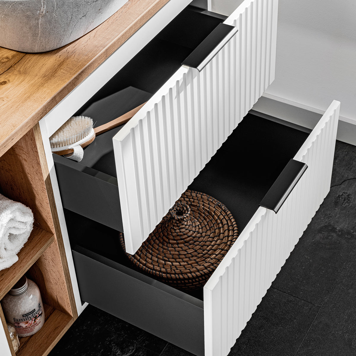 Ensemble meuble double vasque 140cm 2 niches et colonne Adriel Blanc - vue 7