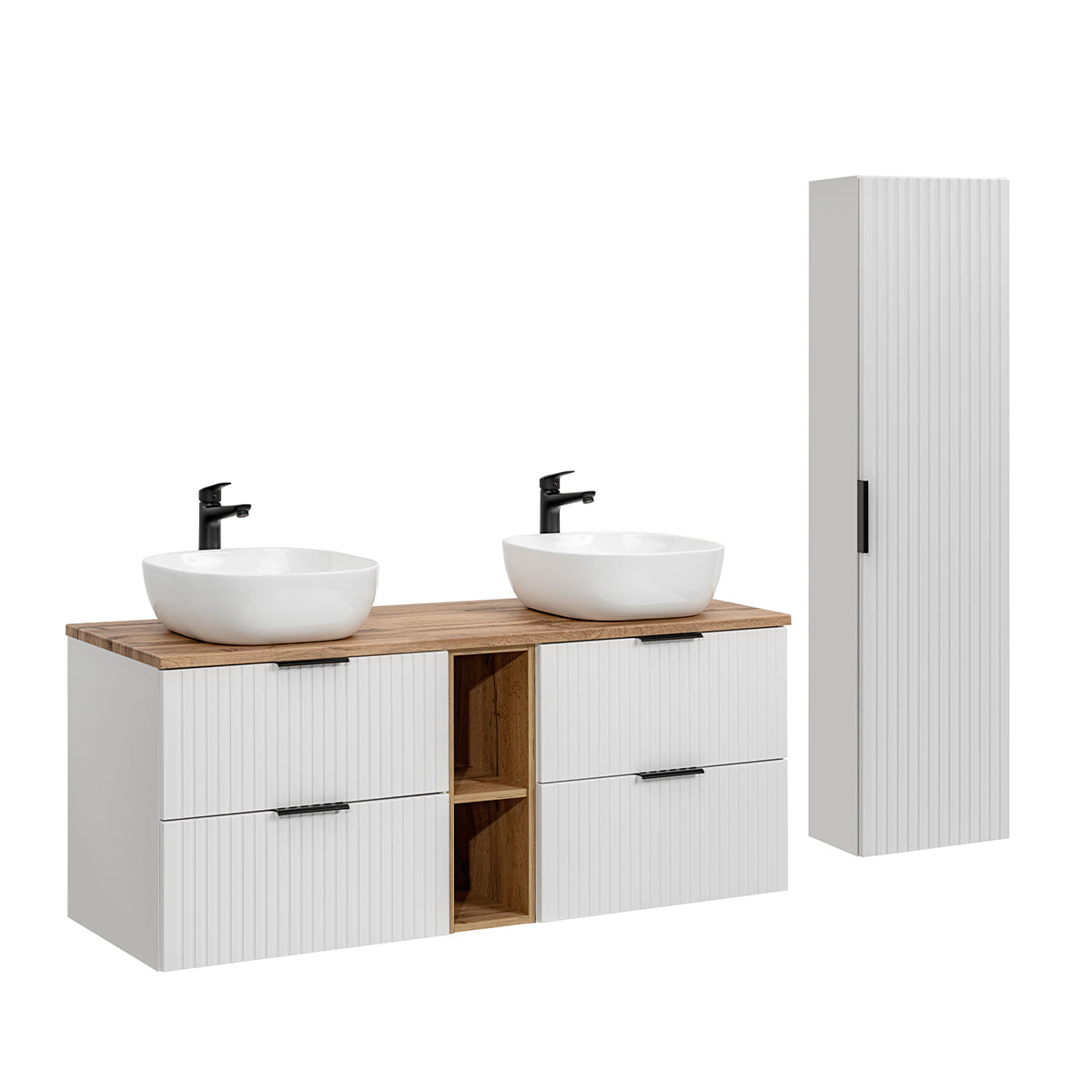 Ensemble meuble double vasque 140cm 2 niches et colonne Adriel Blanc - vue 2