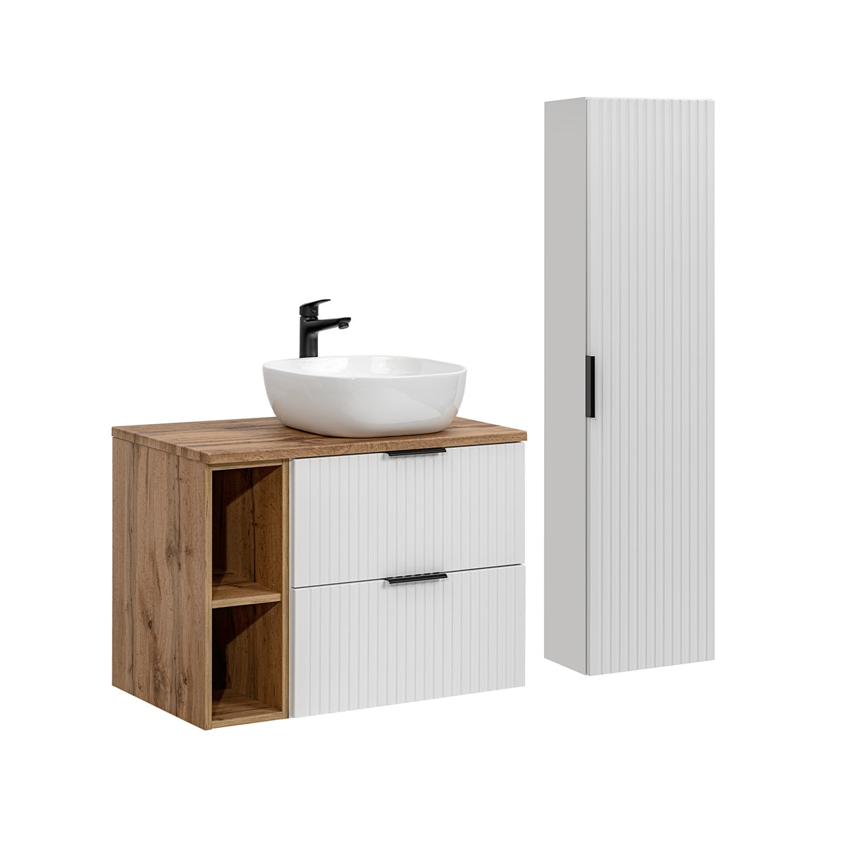 Ensemble meuble simple vasque 80cm 2 niches et colonne Adriel Blanc - vue 2