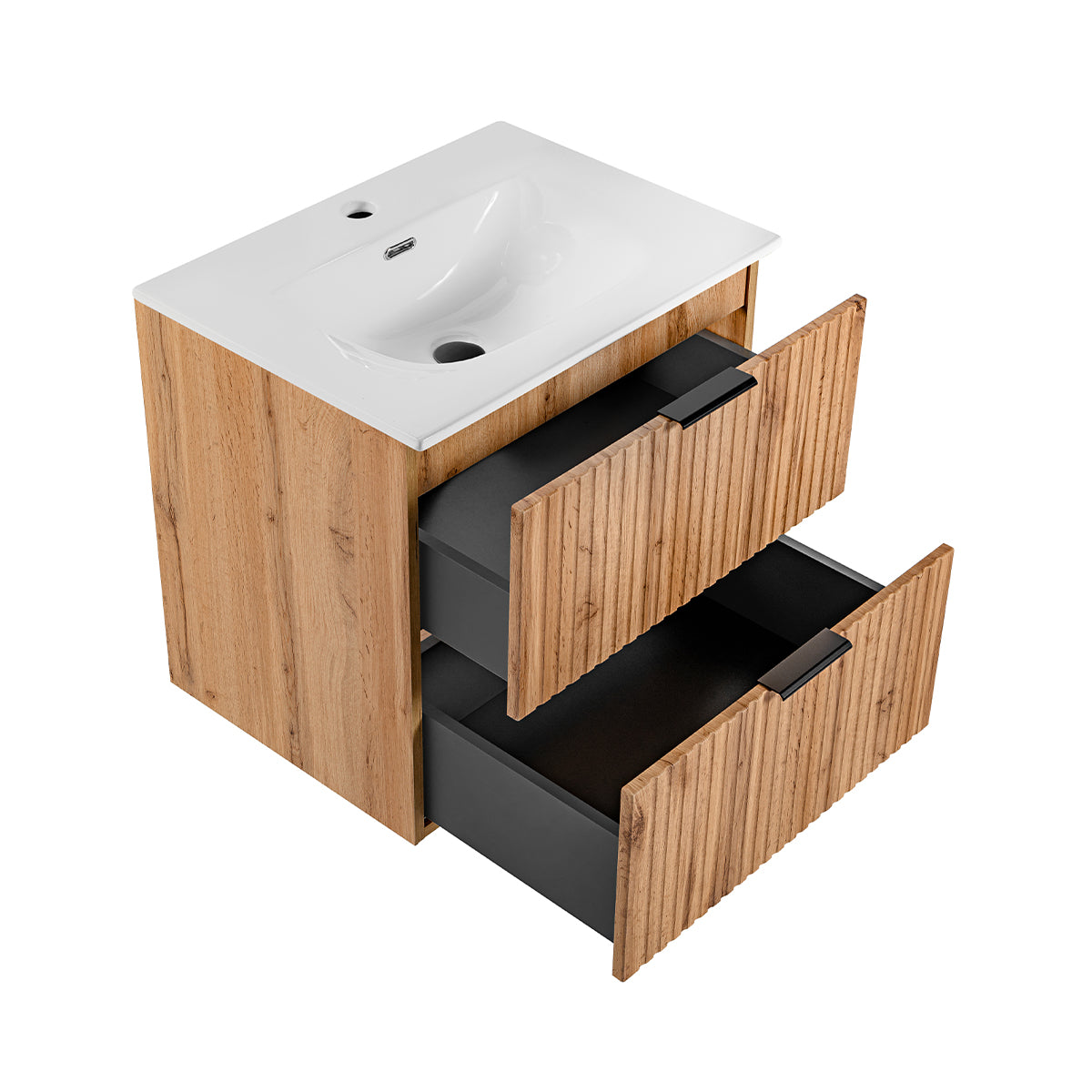 Ensemble meuble simple vasque encastrée 60cm miroir LED et colonne Adriel Bois - vue 4
