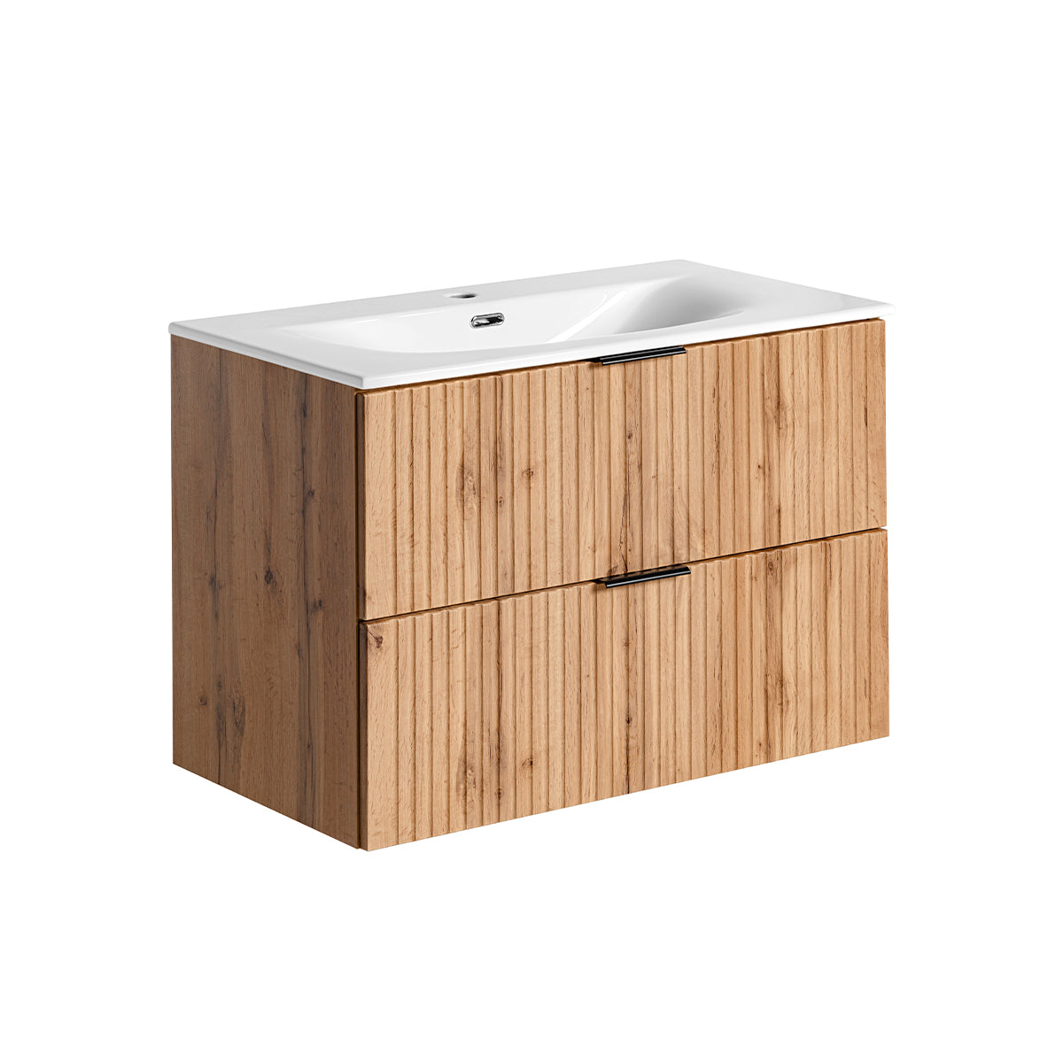 Ensemble meuble simple vasque encastrée 80cm miroir LED et colonne Adriel Bois - vue 3