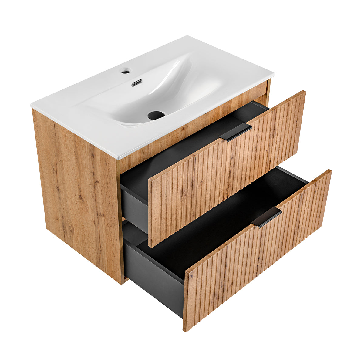 Ensemble meuble simple vasque encastrée 80cm miroir LED et colonne Adriel Bois - vue 4