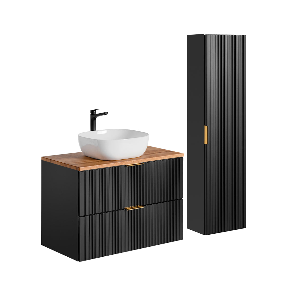 Ensemble meuble simple vasque 80cm et colonne Adriel Noir et Bois - vue 2
