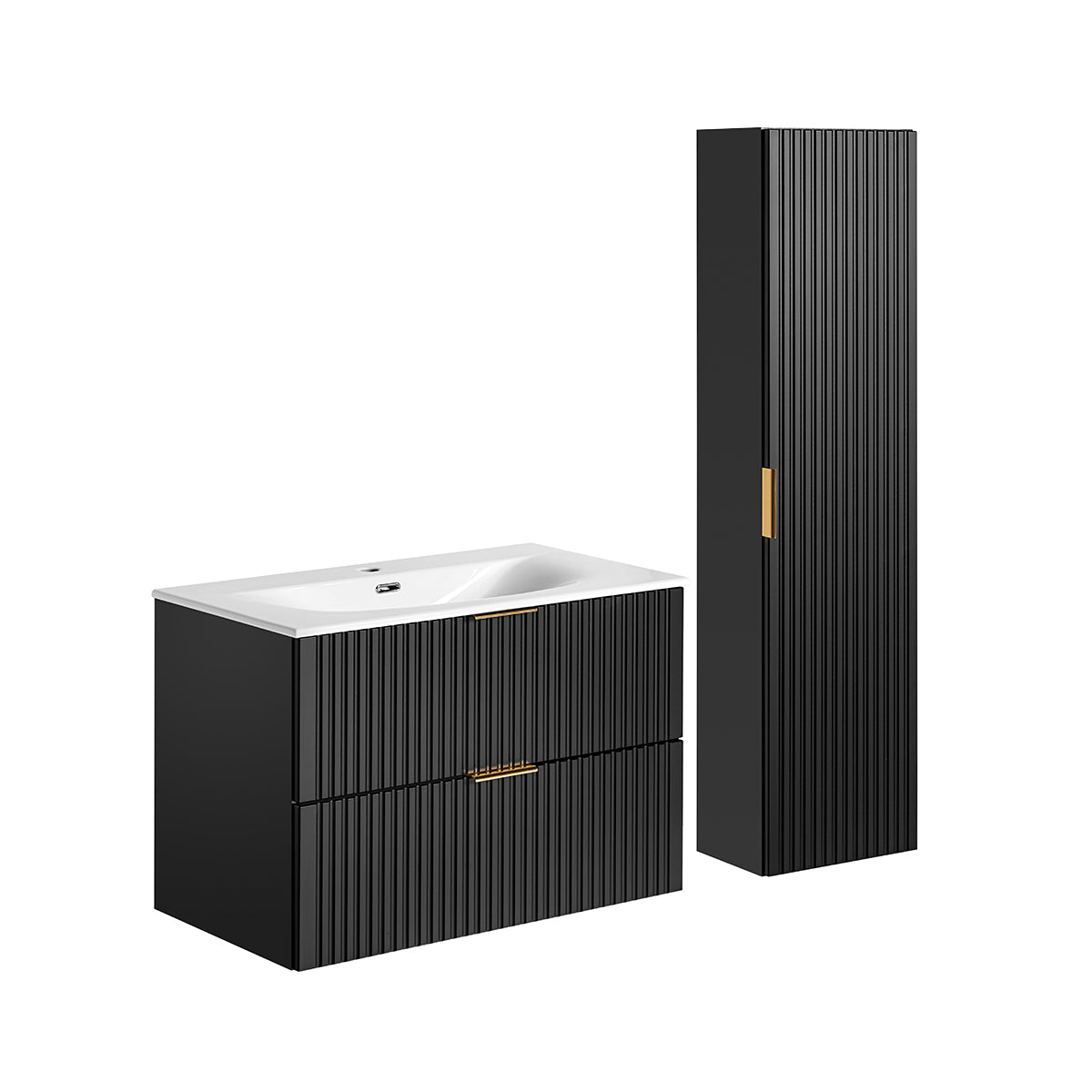 Ensemble meuble simple vasque encastrée 80cm et colonne Adriel Noir - vue 2