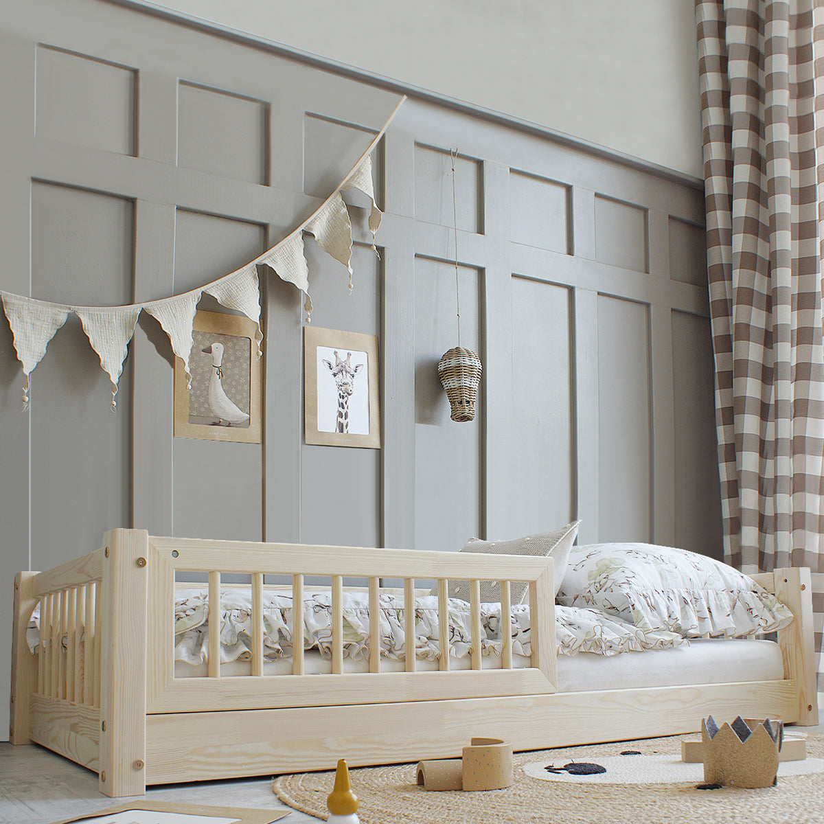 Lit 90x190 barrière et sommier inclus pieds 1 cm Adèle Bois