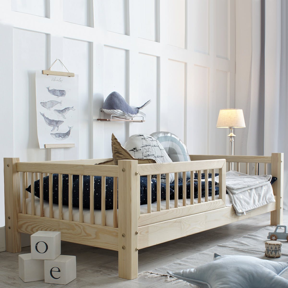 Lit 90x190 barrière et sommier inclus pieds 10 cm Adèle Bois - vue 4