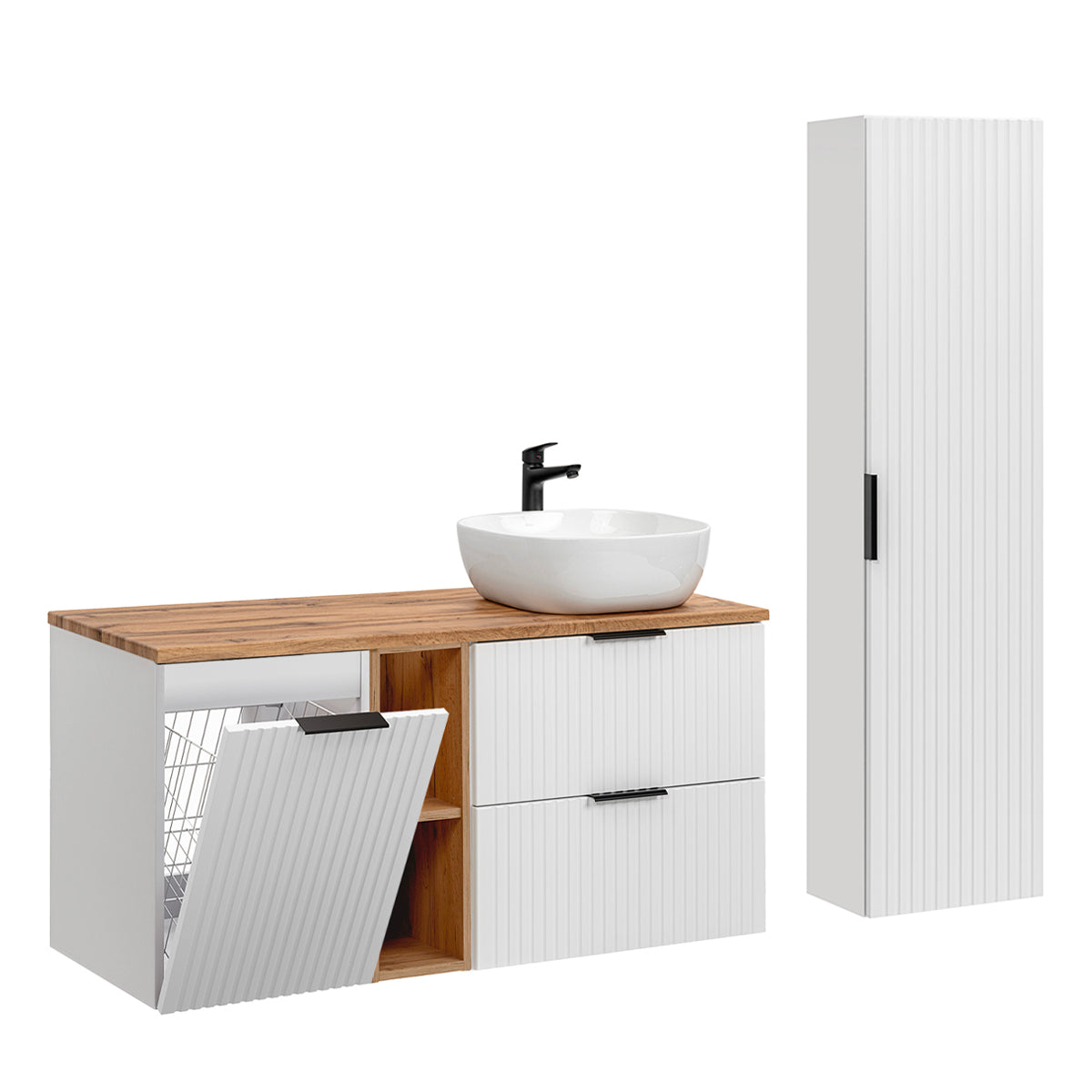 Ensemble meuble simple vasque 120cm 2 niches panier à linge et colonne Adriel Blanc - vue 2