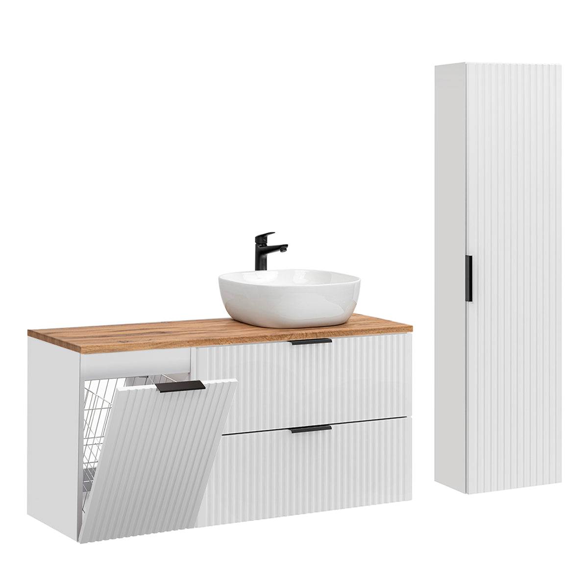 Ensemble meuble simple vasque 120cm panier à linge et colonne Adriel Blanc - vue 2