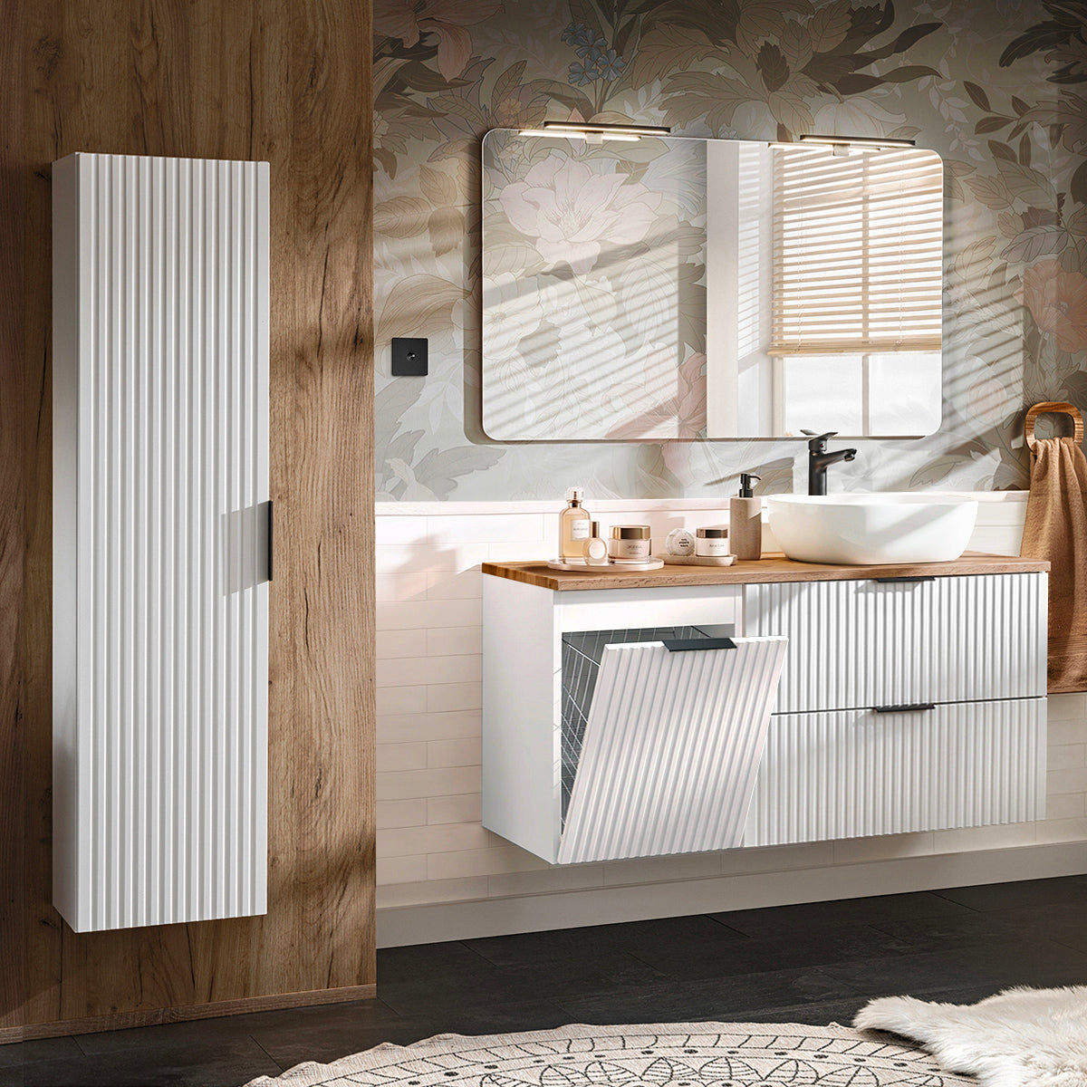 Ensemble meuble simple vasque 120cm panier à linge et colonne Adriel Blanc