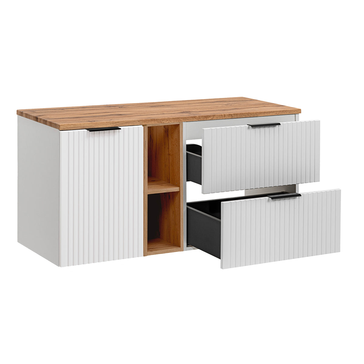 Ensemble meuble simple vasque 120cm 2 niches panier à linge et colonne Adriel Blanc - vue 4