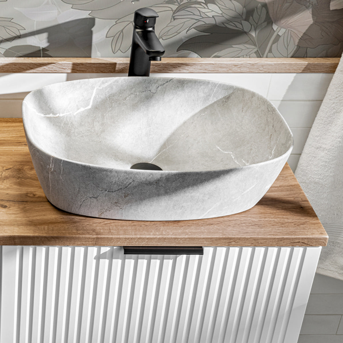 Ensemble meuble simple vasque 80cm et colonne Adriel Blanc et effet Pierre - vue 4