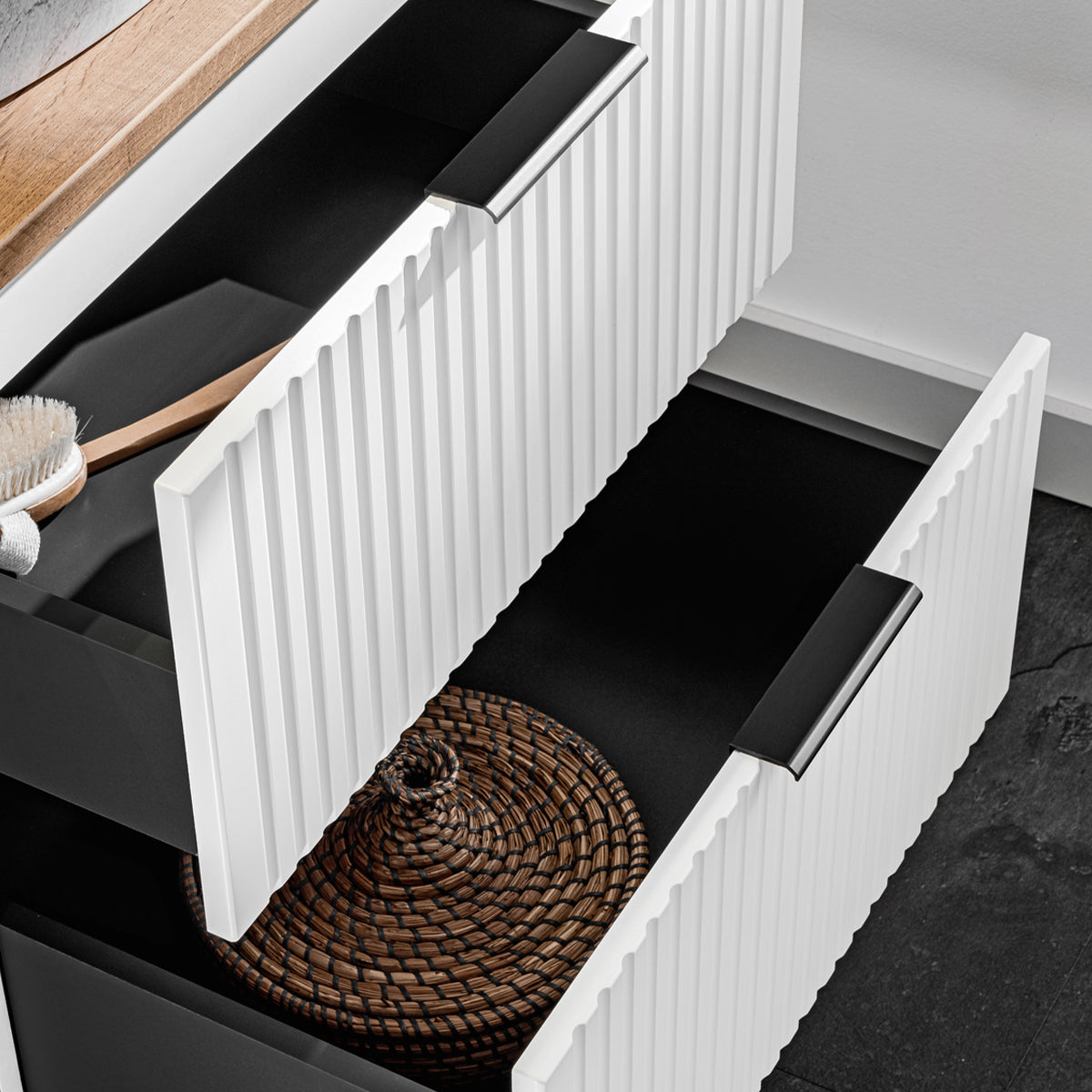 Ensemble meuble simple vasque 80cm 2 niches et colonne Adriel Blanc et effet Pierre - vue 6