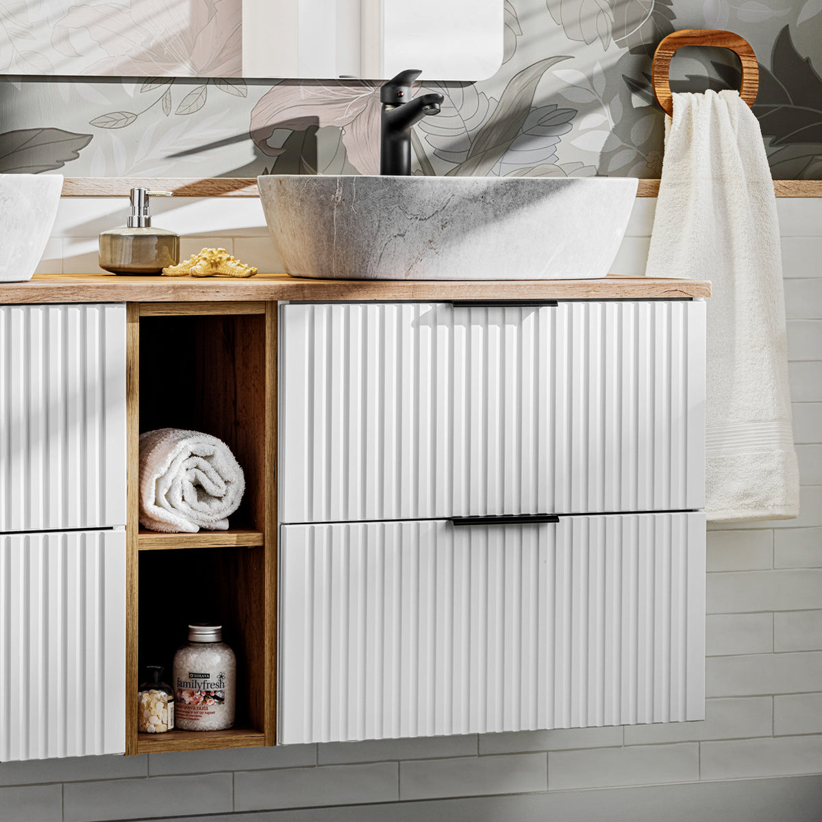 Meuble double vasque effet pierre 140cm 2 niches Adriel Blanc - vue 5