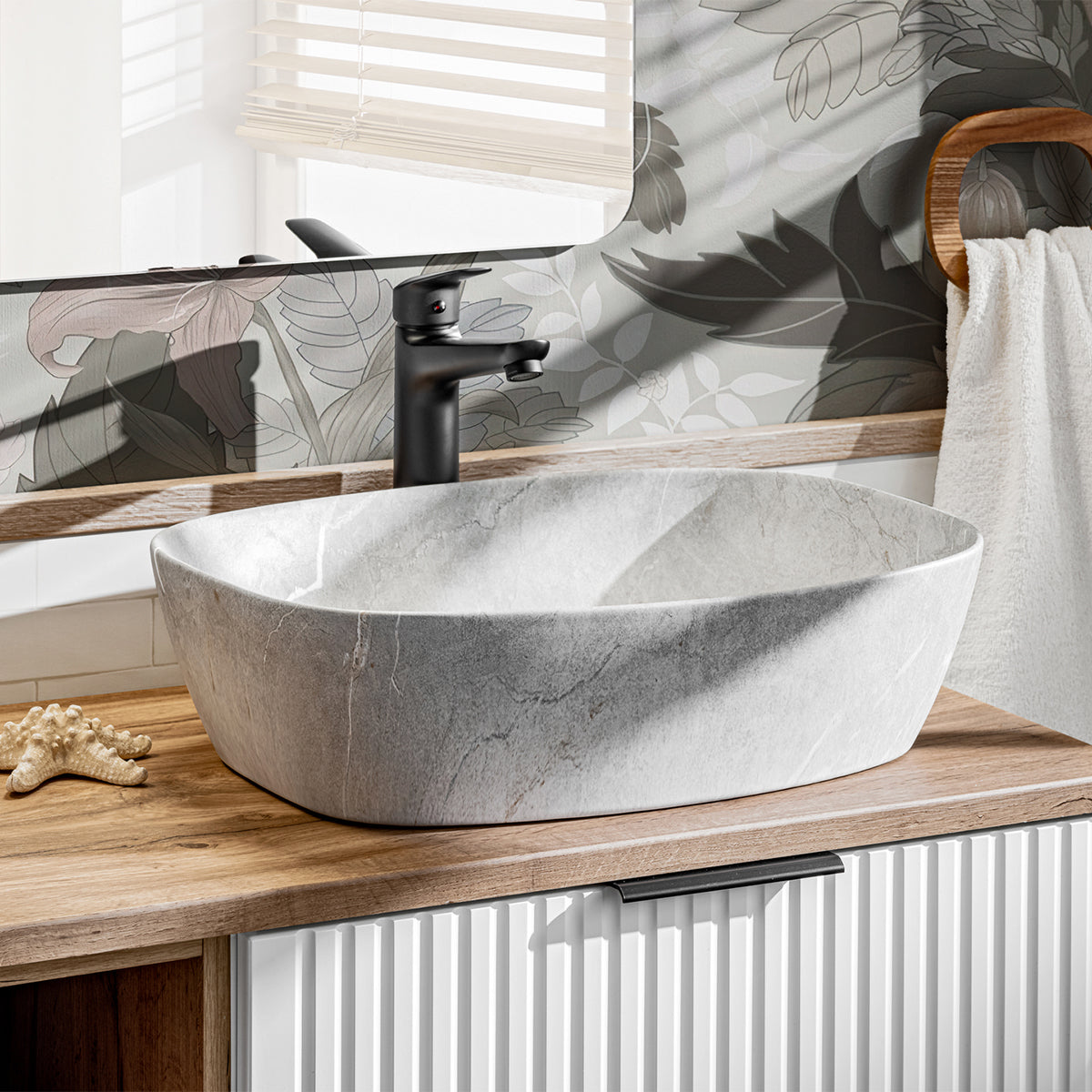 Ensemble meuble double vasque 140cm 2 niches et colonne Adriel Blanc et effet Pierre - vue 4