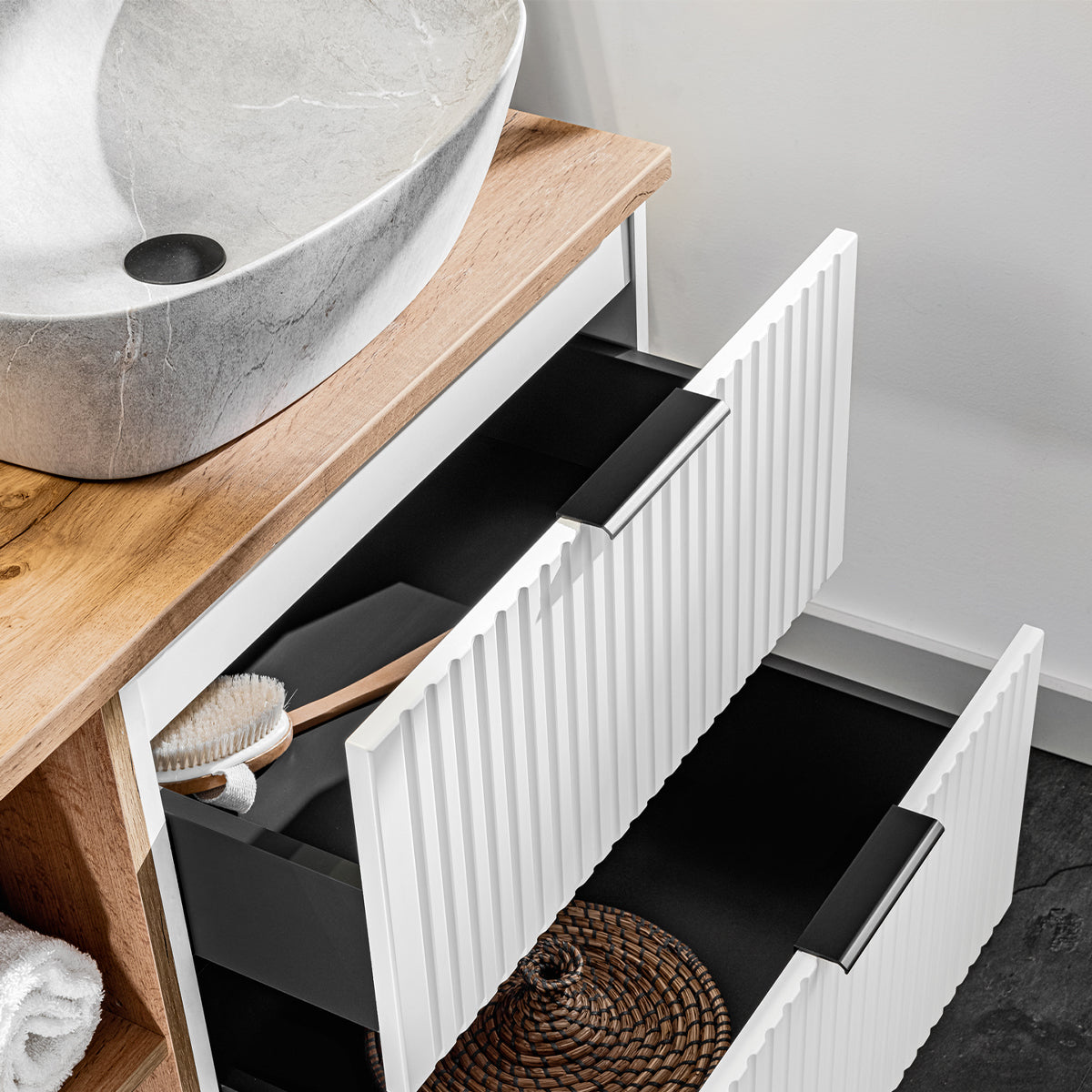 Meuble simple vasque effet pierre 80cm 2 niches Adriel Blanc - vue 6
