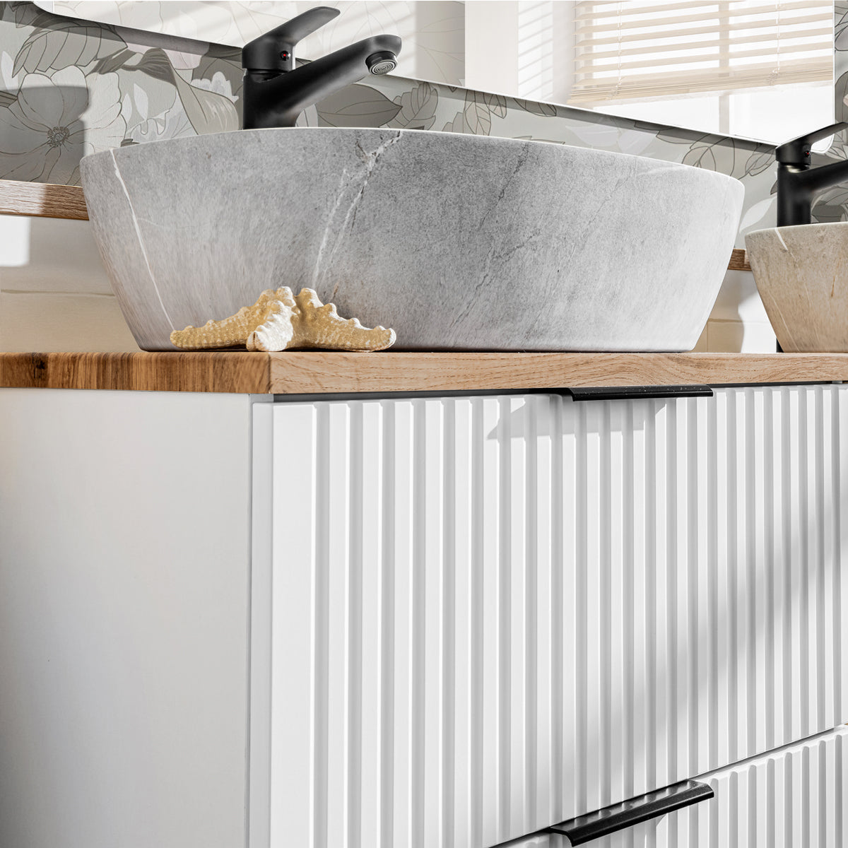 Meuble double vasque effet pierre 140cm 2 niches Adriel Blanc - vue 6