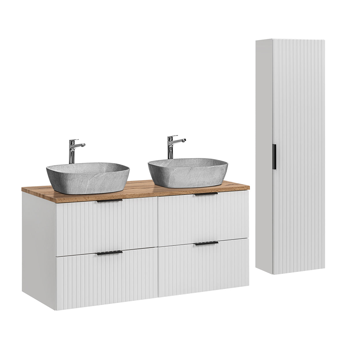 Ensemble meuble double vasque 120cm et colonne Adriel Blanc et effet Pierre - vue 2