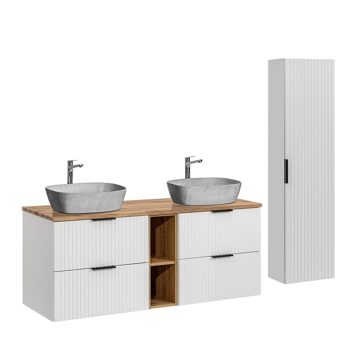 Ensemble meuble double vasque 140cm 2 niches et colonne Adriel Blanc et effet Pierre - vue 2