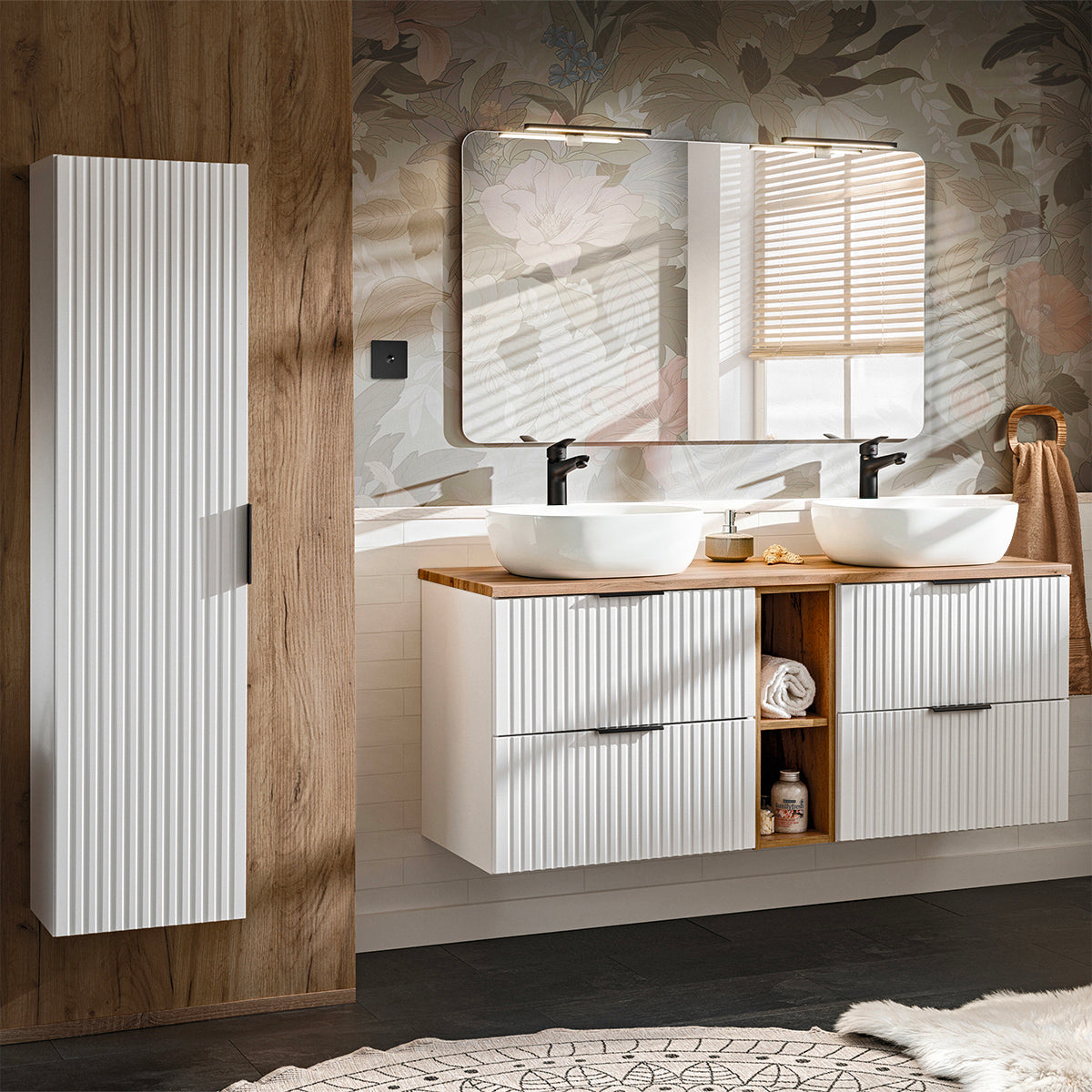 Ensemble meuble double vasque 140cm 2 niches et colonne Adriel Blanc