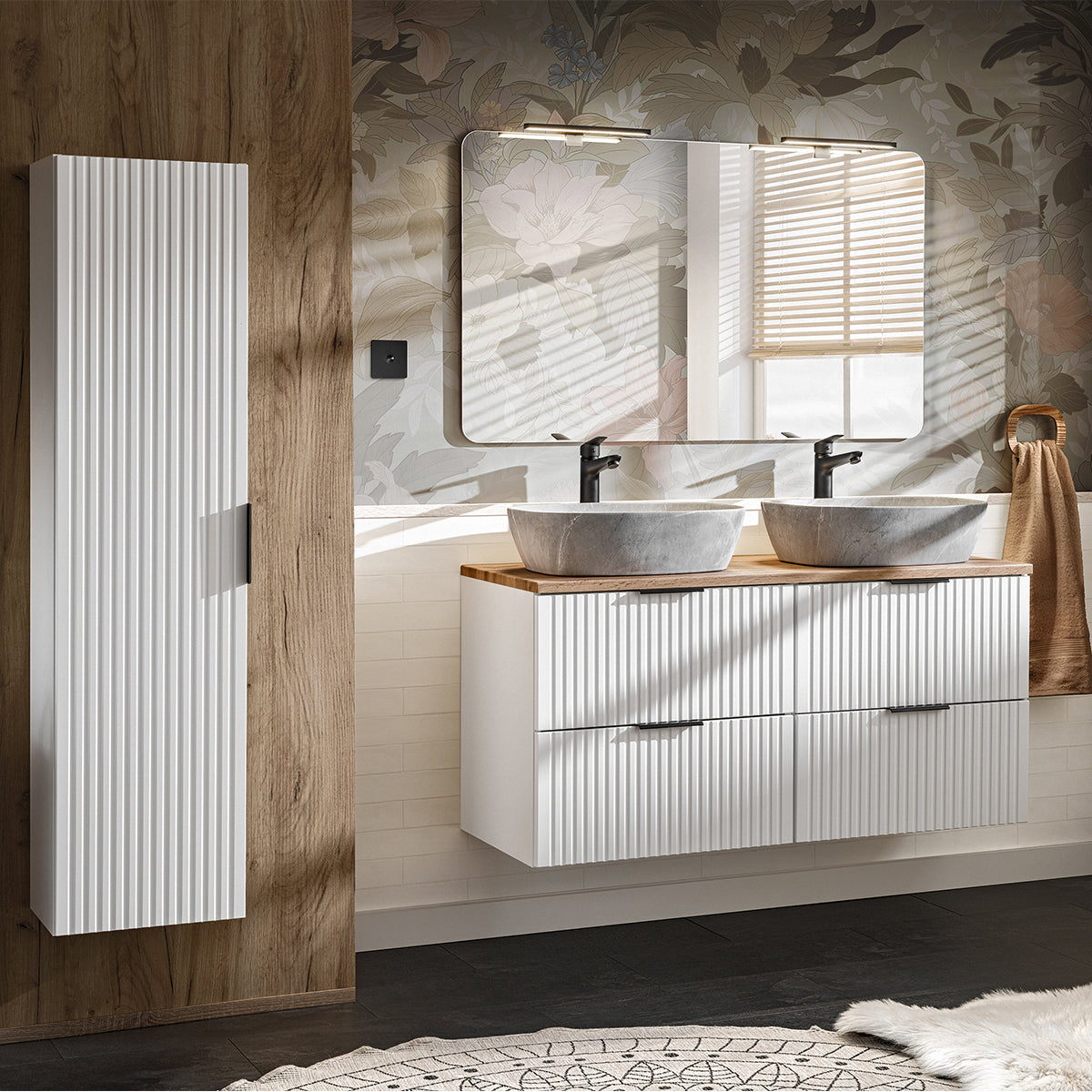 Ensemble meuble double vasque 120cm et colonne Adriel Blanc et effet Pierre