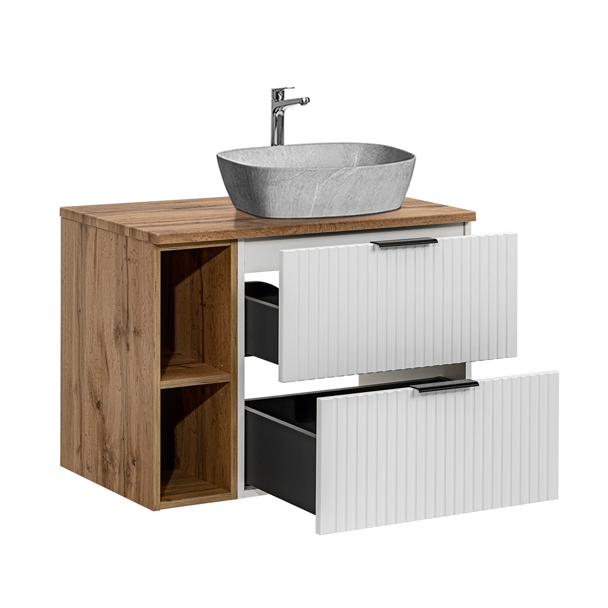 Meuble simple vasque effet pierre 80cm 2 niches Adriel Blanc - vue 2