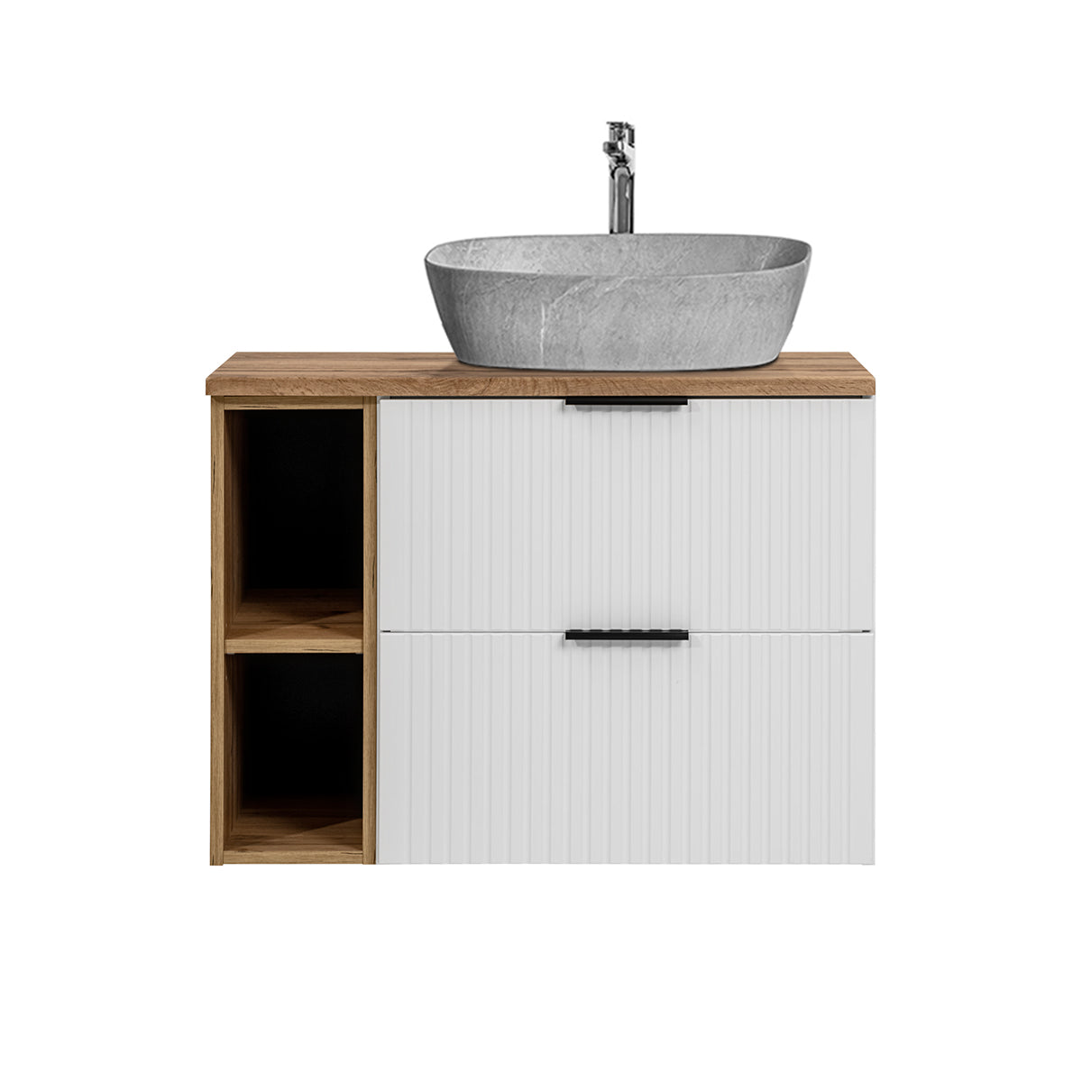 Meuble simple vasque effet pierre 80cm 2 niches Adriel Blanc - vue 3