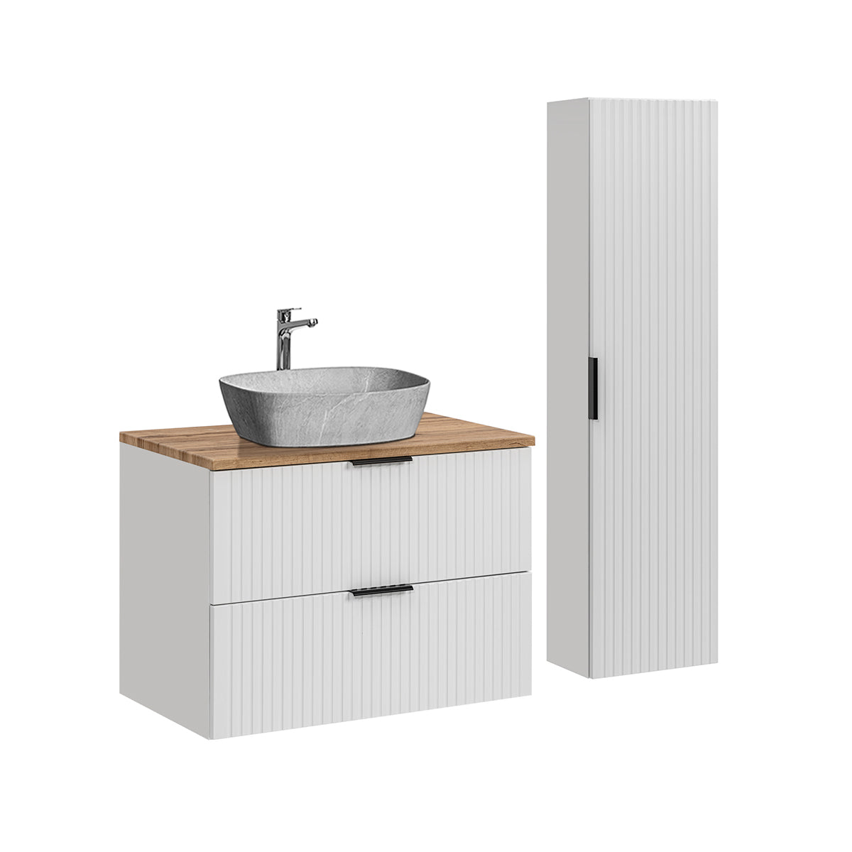 Ensemble meuble simple vasque 80cm et colonne Adriel Blanc et effet Pierre - vue 2