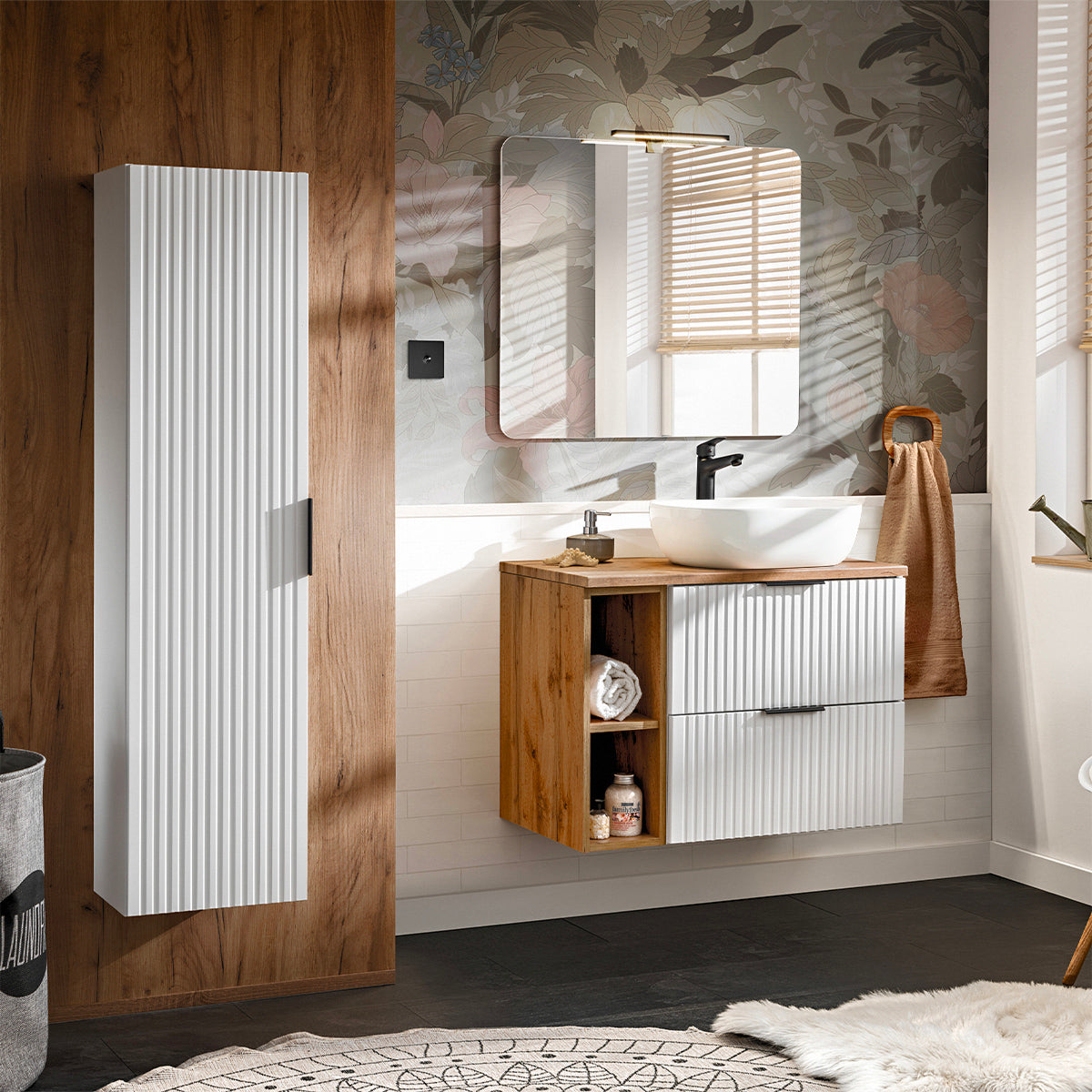 Ensemble meuble simple vasque 80cm 2 niches et colonne Adriel Blanc
