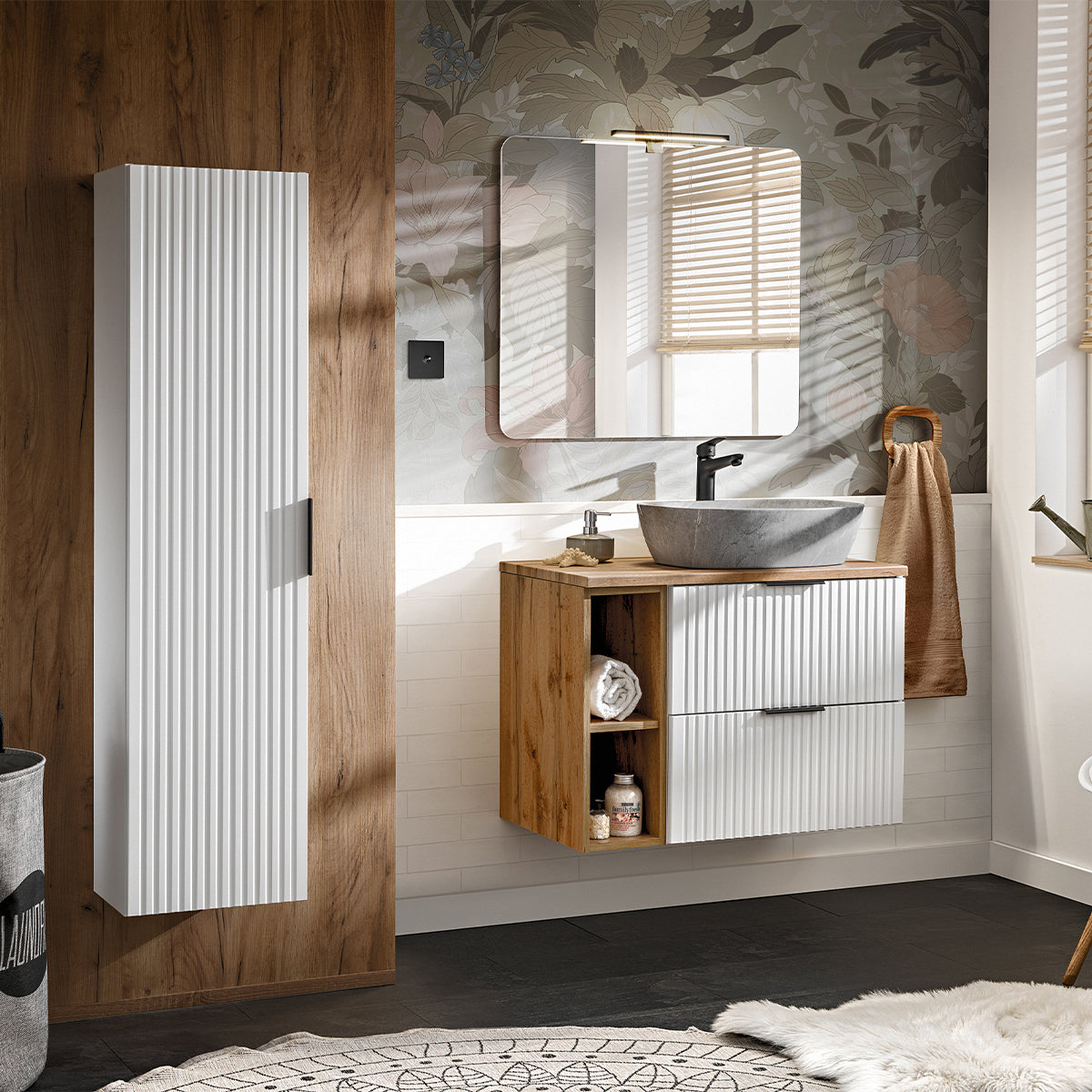 Meuble simple vasque effet pierre 80cm 2 niches Adriel Blanc - vue 4