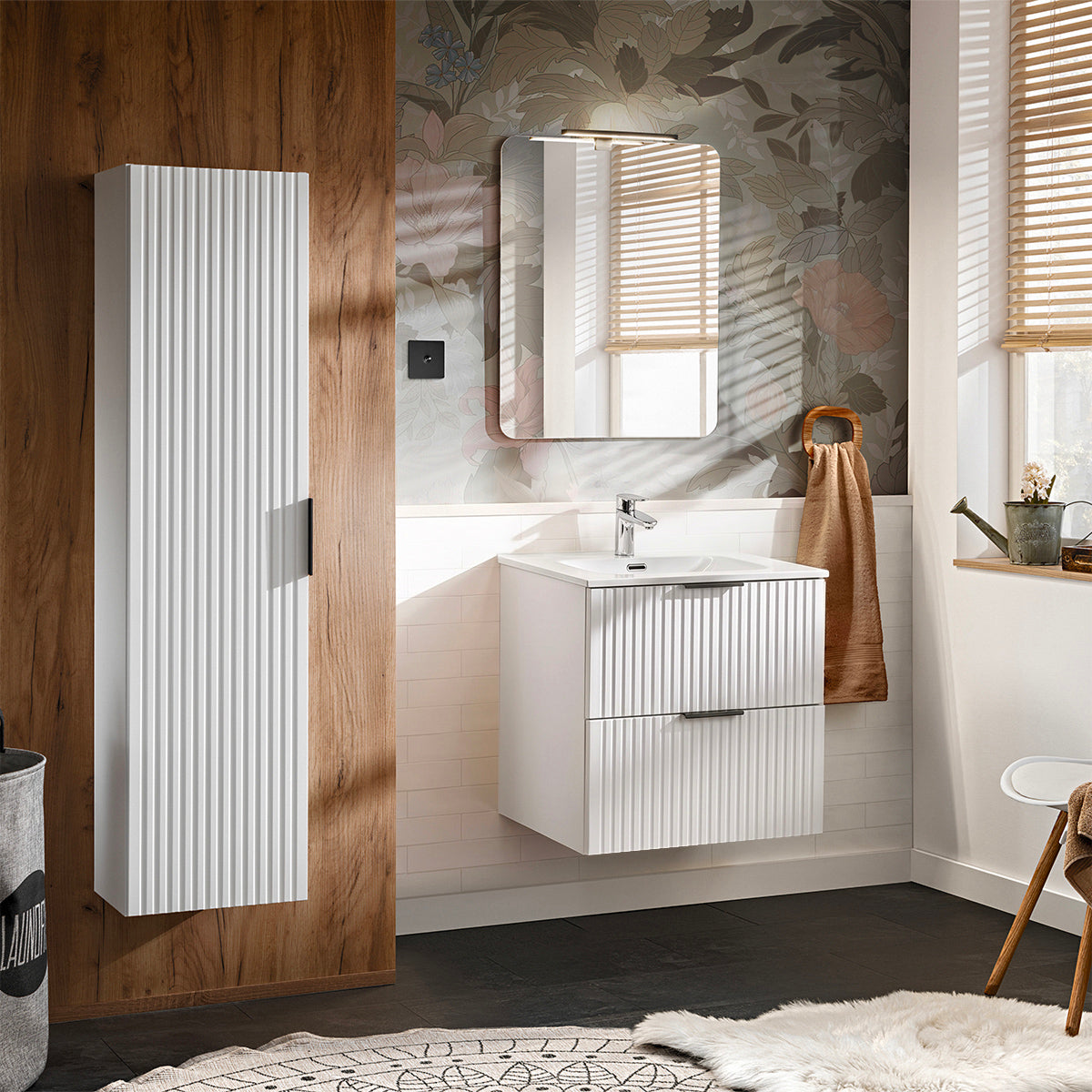 Ensemble meuble simple vasque encastrée 60cm et colonne Adriel Blanc