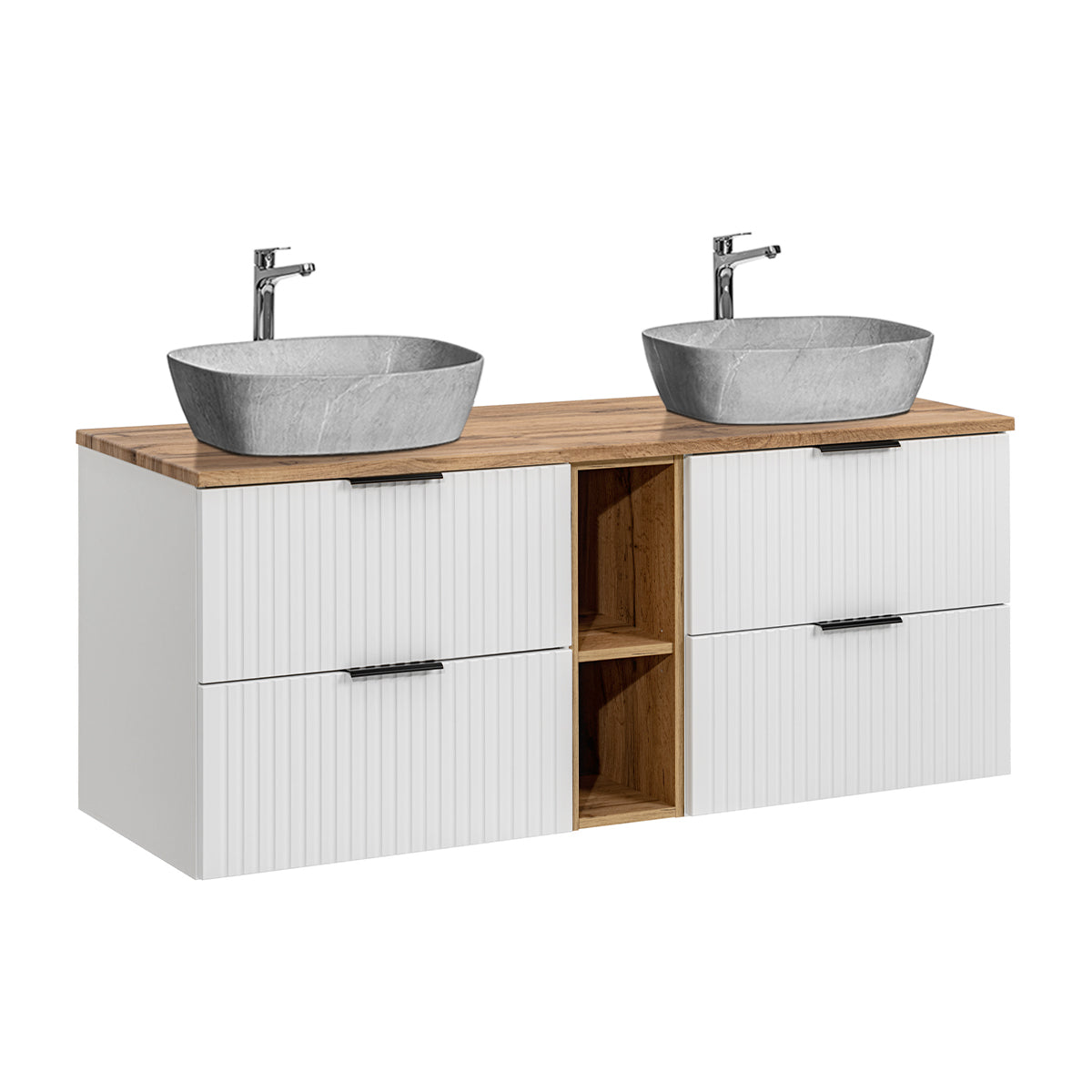 Meuble double vasque effet pierre 140cm 2 niches Adriel Blanc