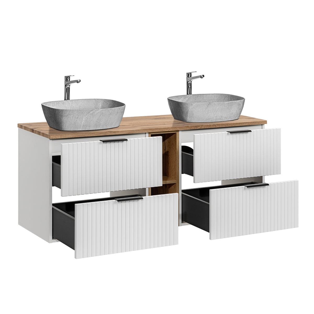 Meuble double vasque effet pierre 140cm 2 niches Adriel Blanc - vue 2