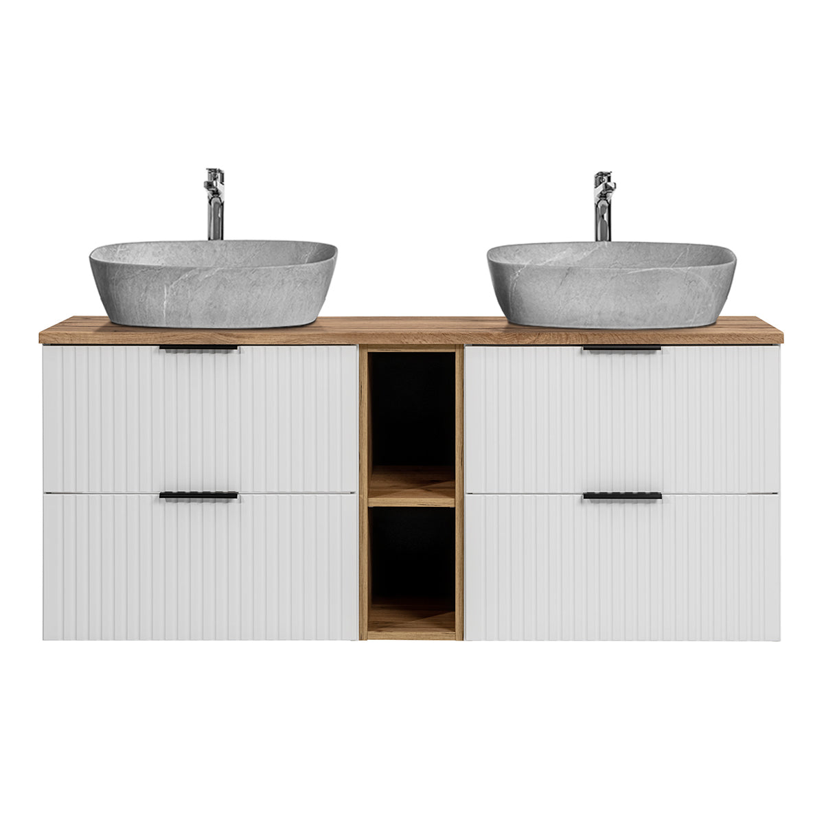 Meuble double vasque effet pierre 140cm 2 niches Adriel Blanc - vue 3