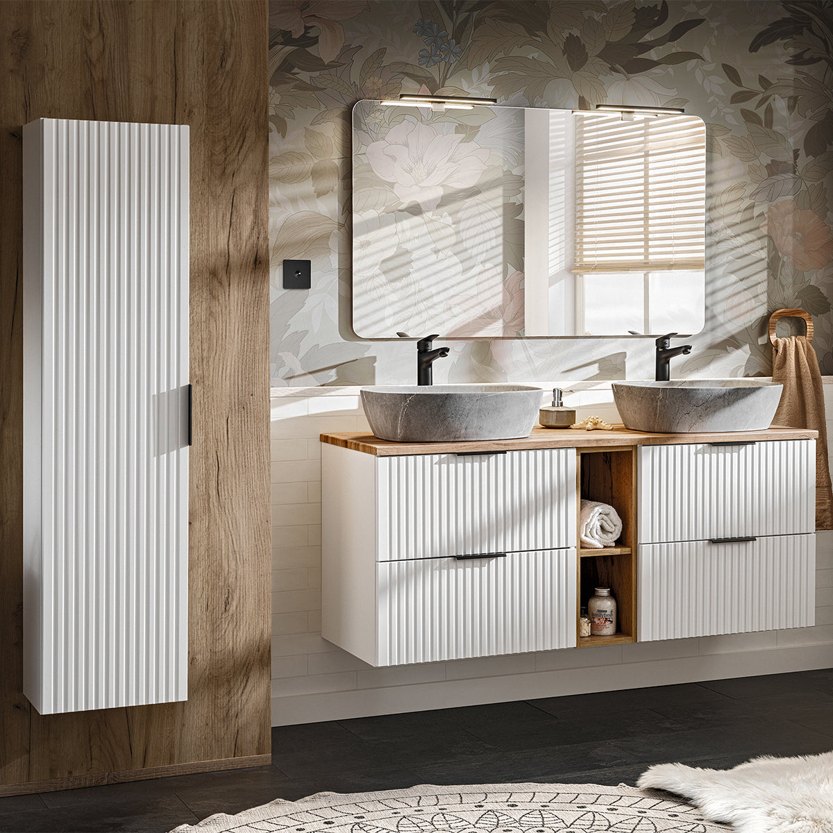 Meuble double vasque effet pierre 140cm 2 niches Adriel Blanc - vue 4