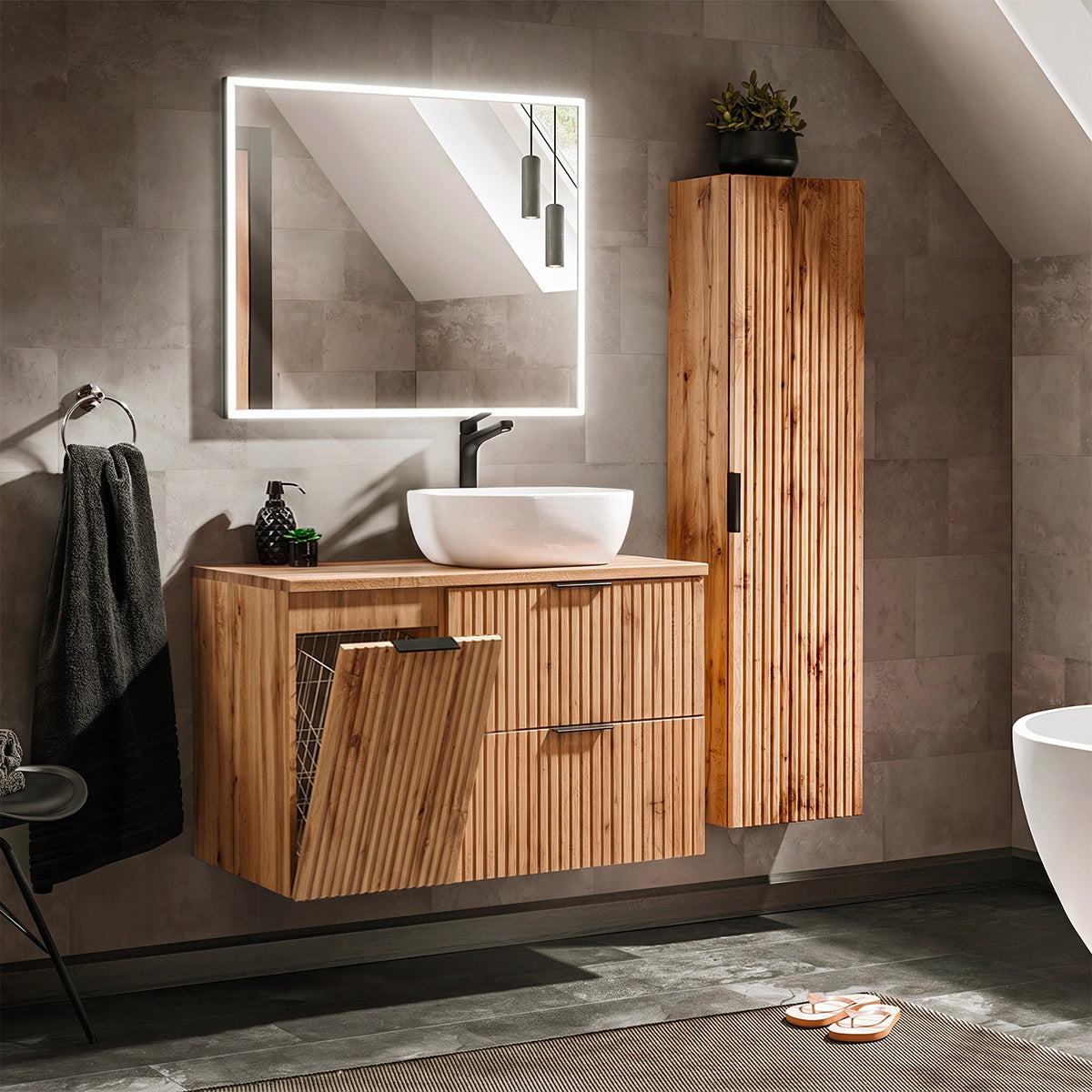 Ensemble meuble simple vasque 100cm panier à linge et colonne Adriel Bois