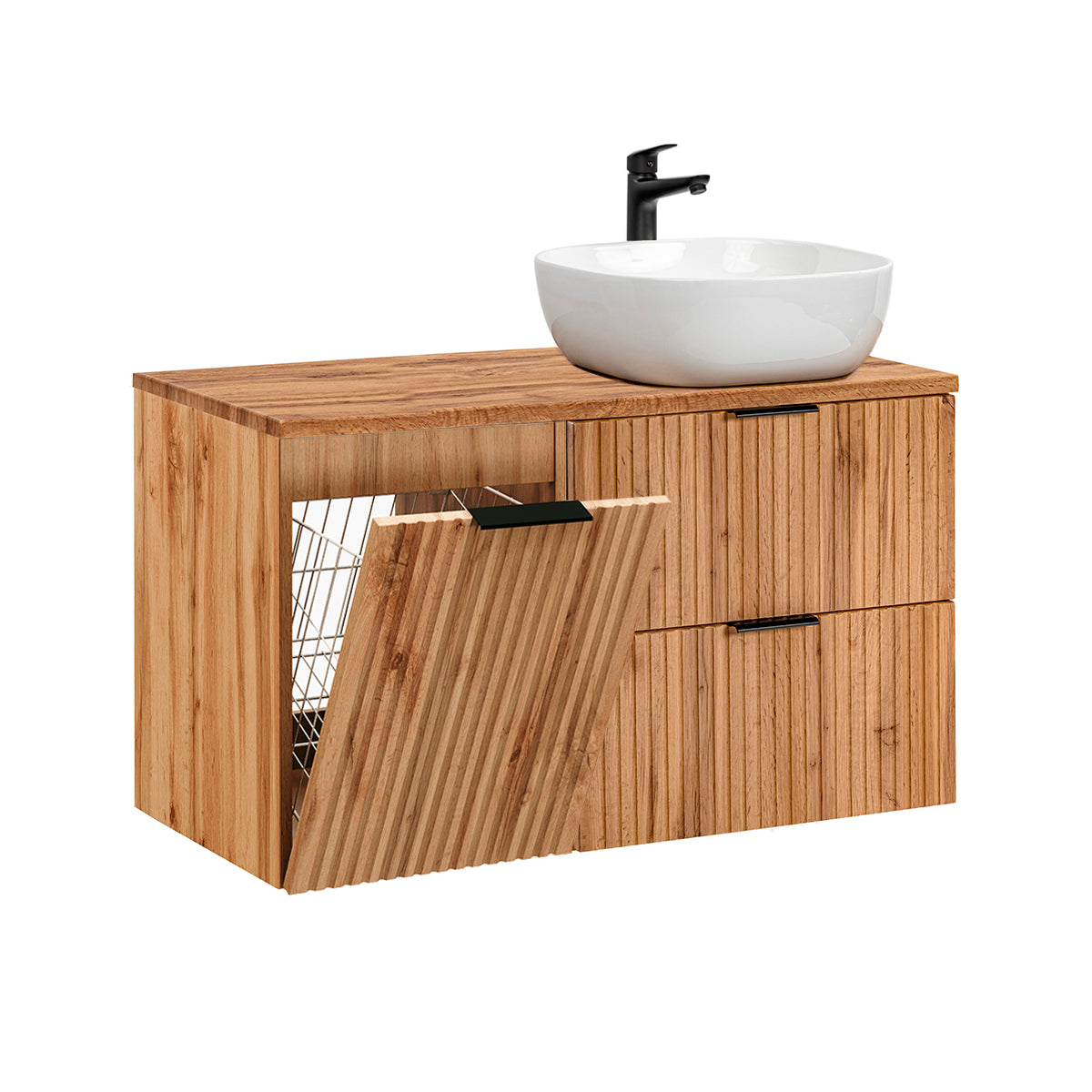 Meuble simple vasque 100cm panier à linge Adriel Bois