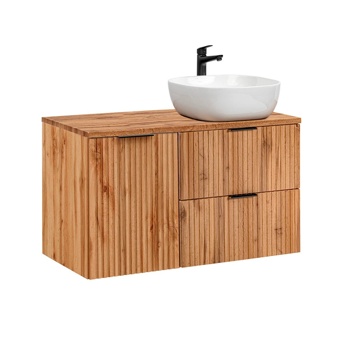 Ensemble meuble simple vasque 100cm panier à linge et colonne Adriel Bois - vue 3