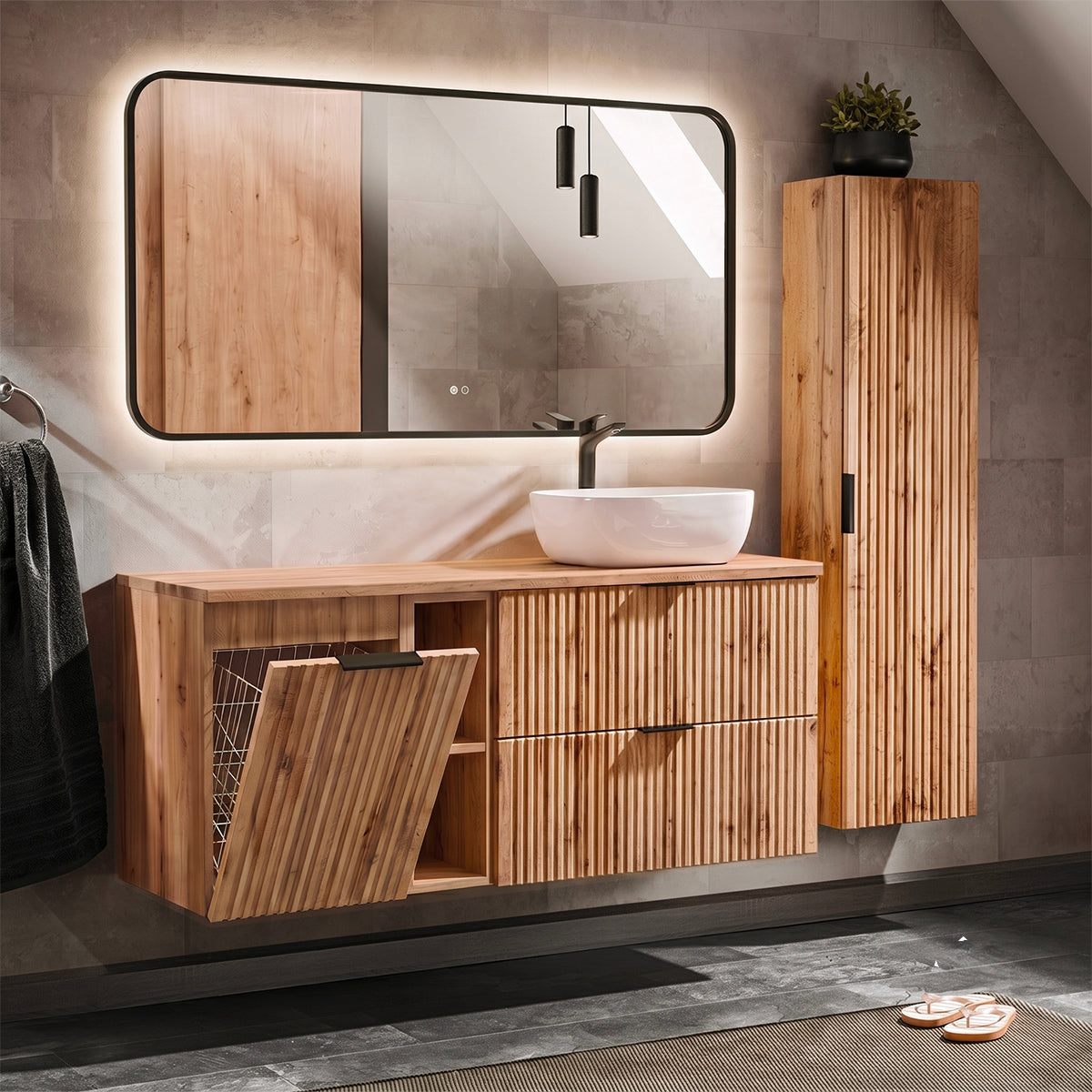 Ensemble meuble simple vasque 140cm 2 niches panier à linge et colonne Adriel Bois
