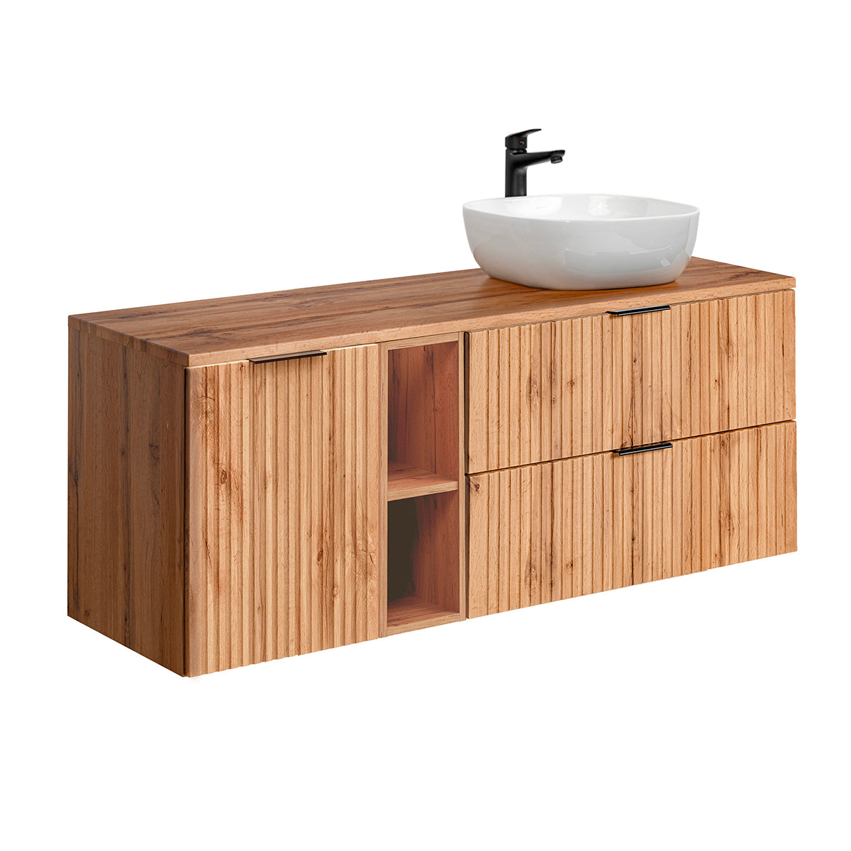 Ensemble meuble simple vasque 140cm 2 niches panier à linge et colonne Adriel Bois - vue 3