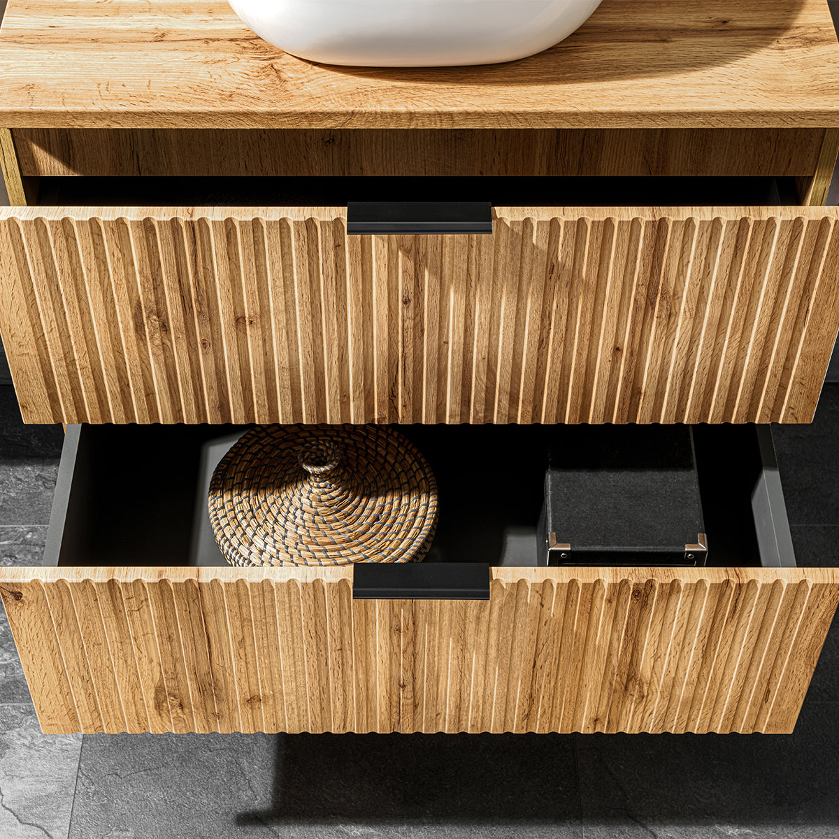 Ensemble meuble double vasque 140cm 2 niches et colonne Adriel Bois - vue 8