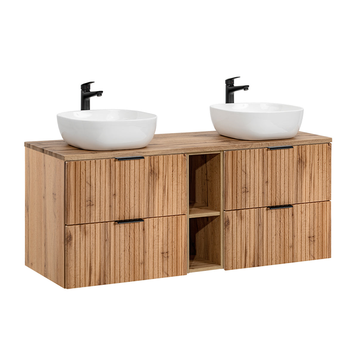 Ensemble meuble double vasque 140cm 2 niches et colonne Adriel Bois - vue 3
