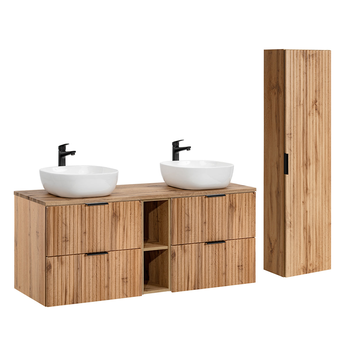 Ensemble meuble double vasque 140cm 2 niches et colonne Adriel Bois - vue 2