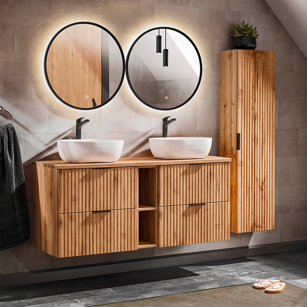 Ensemble meuble double vasque 140cm 2 niches et colonne Adriel Bois