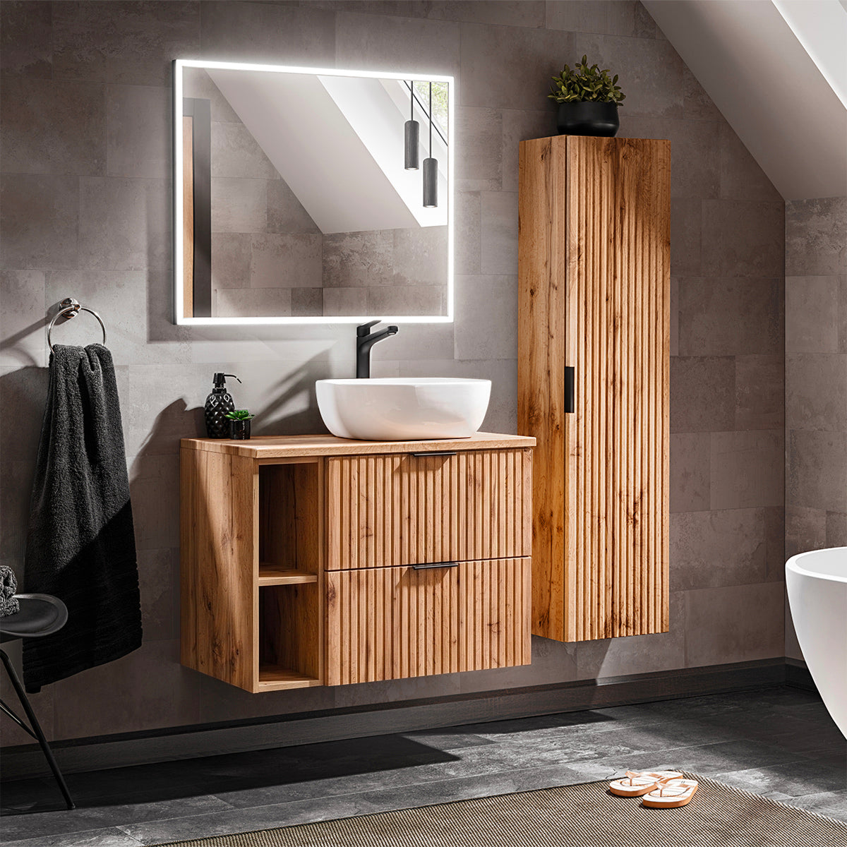 Ensemble meuble simple vasque 80cm 2 niches et colonne Adriel Bois