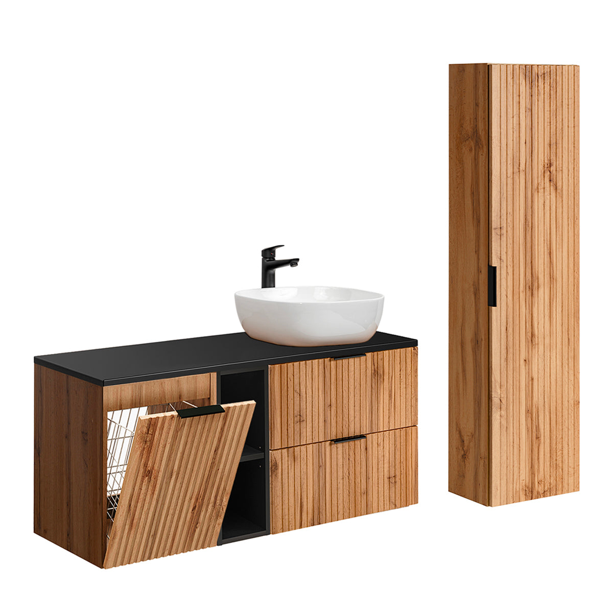 Ensemble meuble simple vasque 120cm 2 niches panier à linge et colonne Adriel Bois et Noir - vue 2