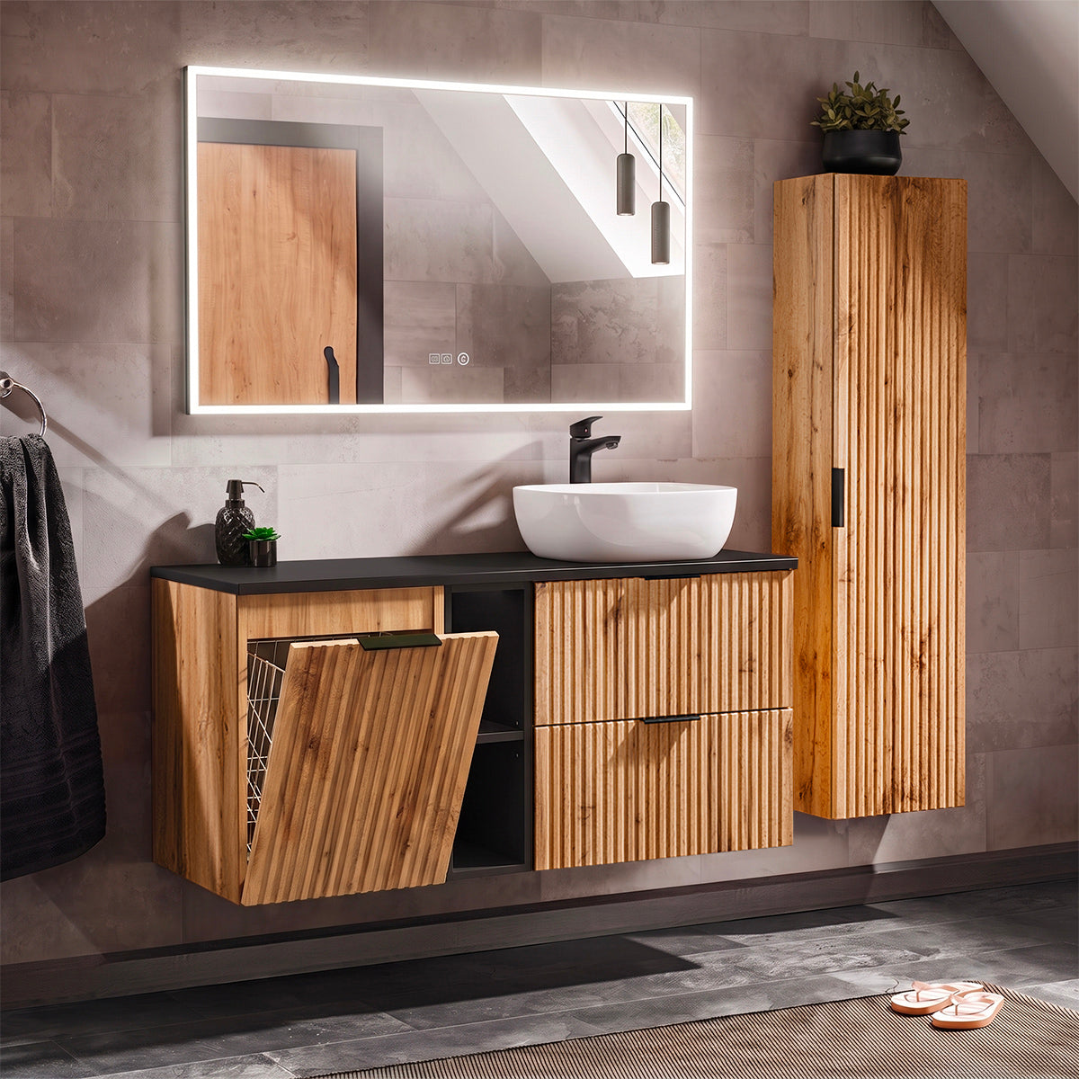 Ensemble meuble simple vasque 120cm 2 niches panier à linge et colonne Adriel Bois et Noir