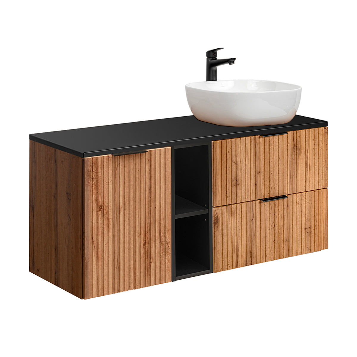 Meuble simple vasque 120cm 2 niches panier à linge Adriel Bois et Noir - vue 2